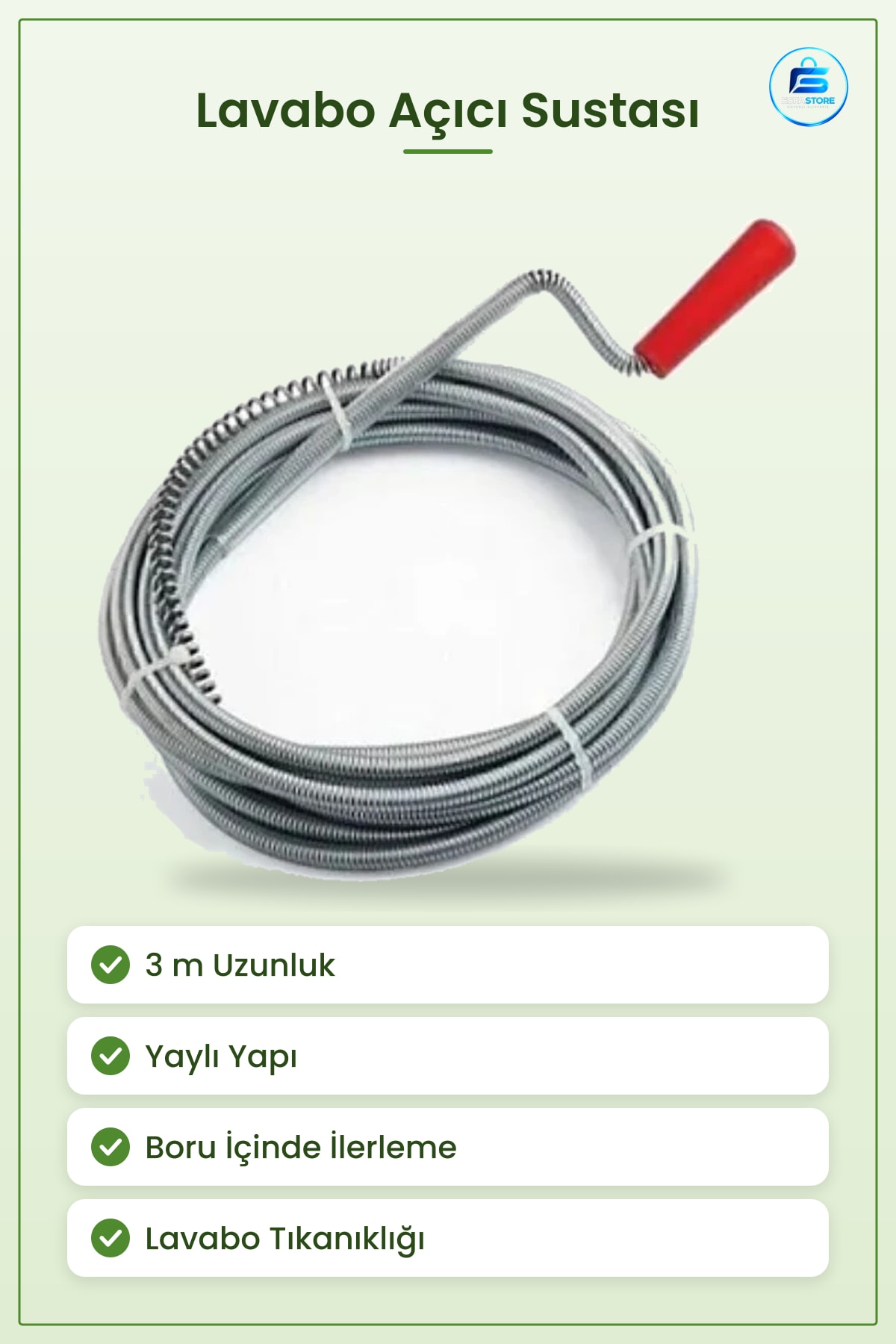 Lavabo Açıcı Sustası 3 m Yaylı Boru Tıkanıklık Açma Aleti Mutfak ve Banyo Hırdavat