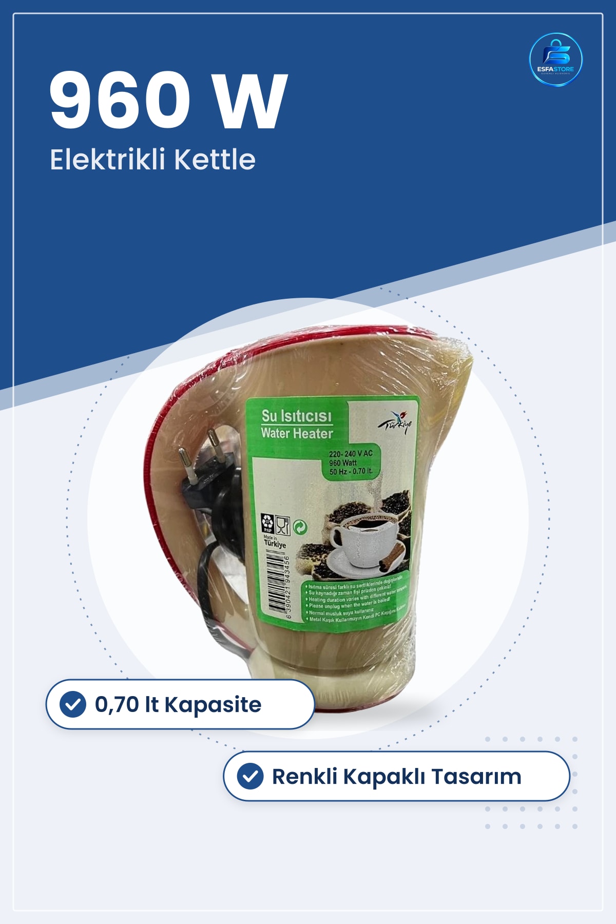 Su Isıtıcısı 0,70 lt 960 Watt Elektrikli Kettle Renkli Kapaklı Kahve Çay Ofis Mutfak