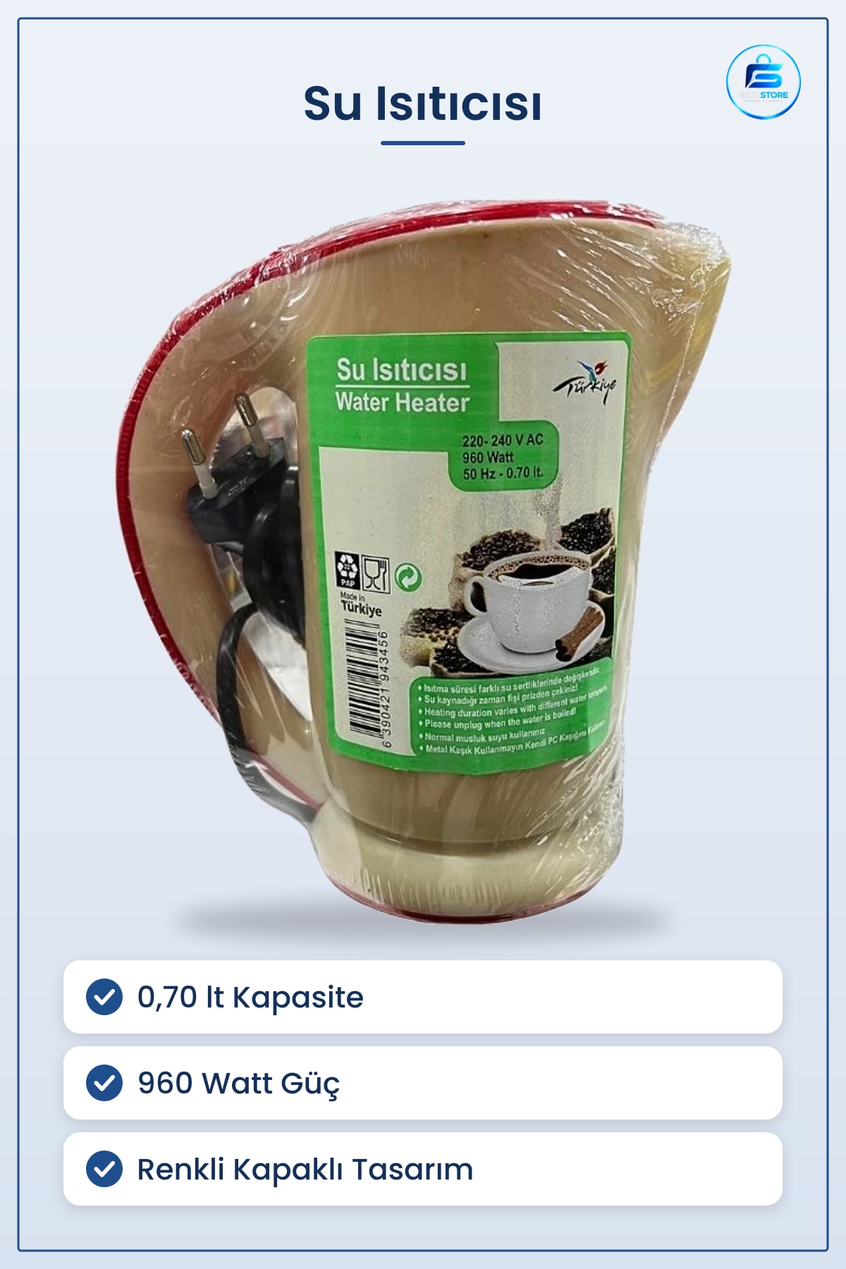 Su Isıtıcısı 0,70 lt 960 Watt Elektrikli Kettle Renkli Kapaklı Kahve Çay Ofis Mutfak