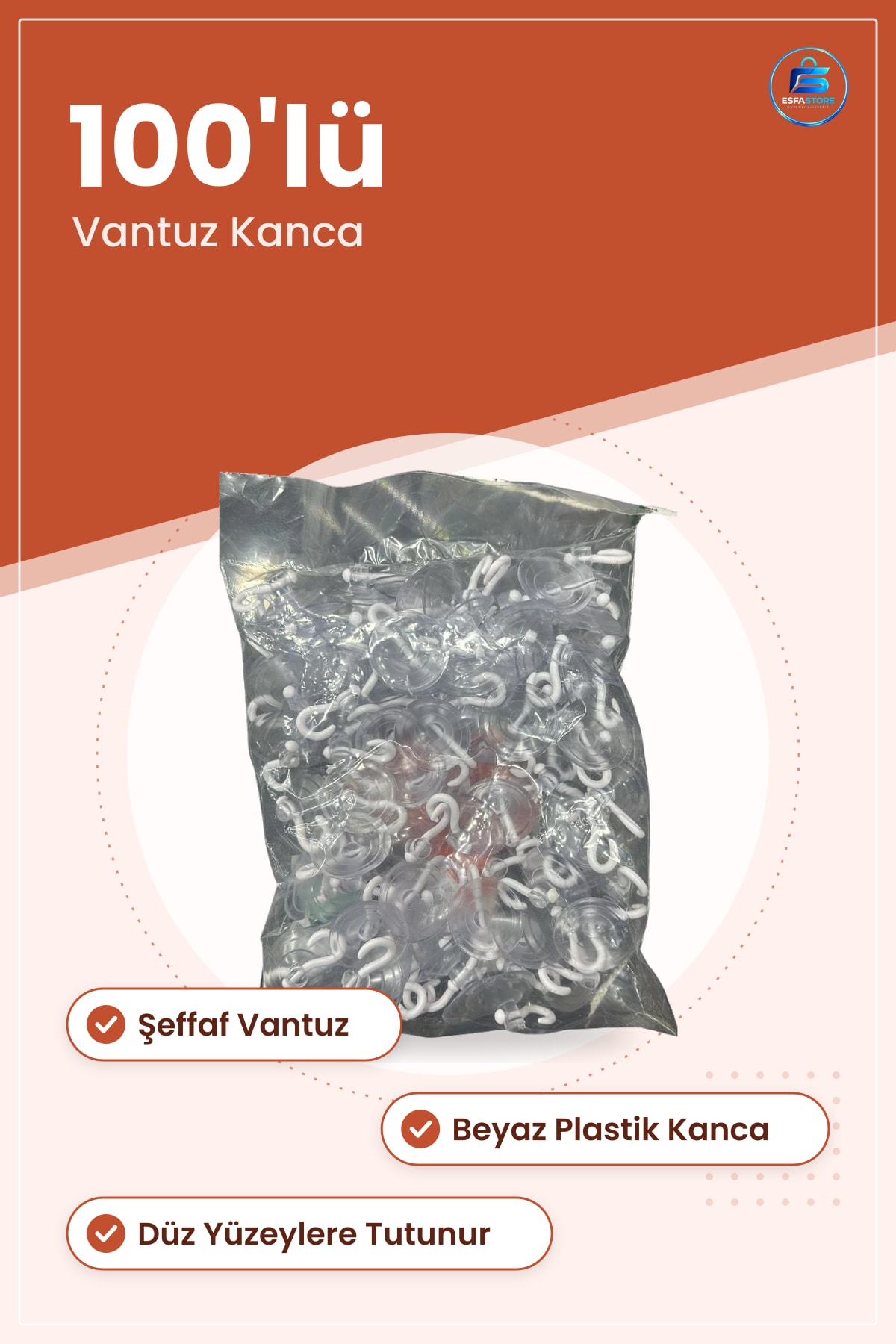 Büyük Vantuz Öpücük 100'lü Parti Aksesuarı Şeffaf Vantuzlu Beyaz Kanca Dekoratif Askı Seti
