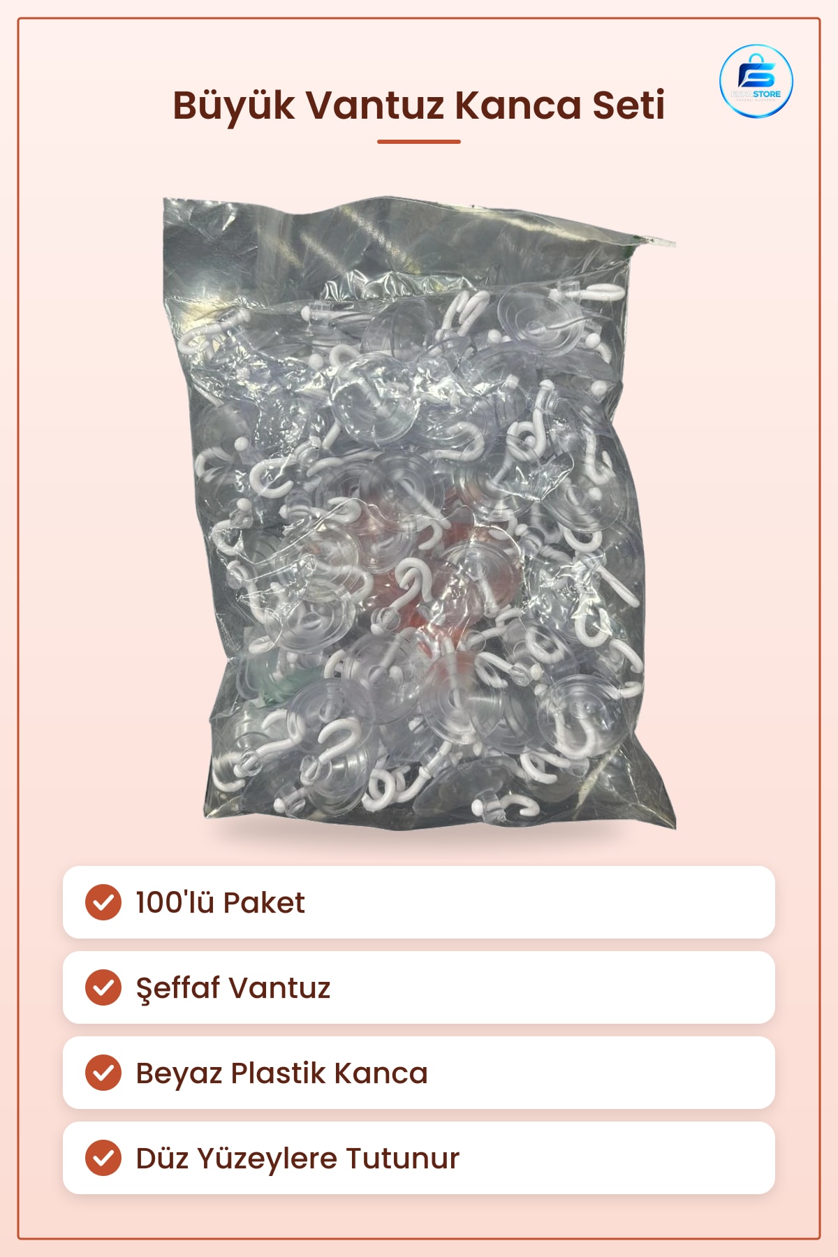 Büyük Vantuz Öpücük 100'lü Parti Aksesuarı Şeffaf Vantuzlu Beyaz Kanca Dekoratif Askı Seti
