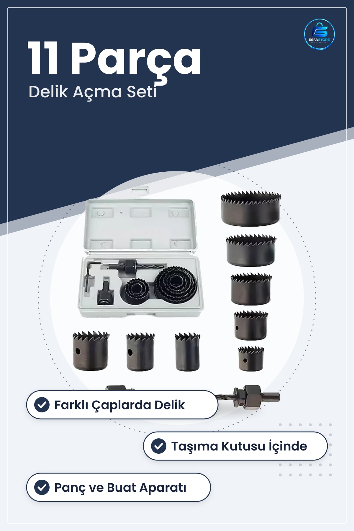 Panç Buat Açma Seti 11 Parça Delik Testere Takım Çantası Elektrik Montaj Hırdavat Çeşitli Çaplarda