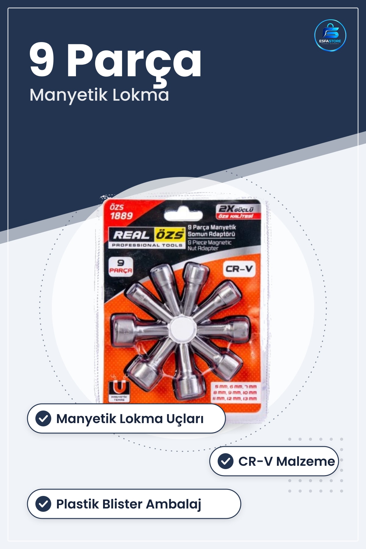 9 Parça Manyetik Somun Adaptör Lokma Takımı 5 mm 13 CR-V Araç Tamir Hırdavat Seti