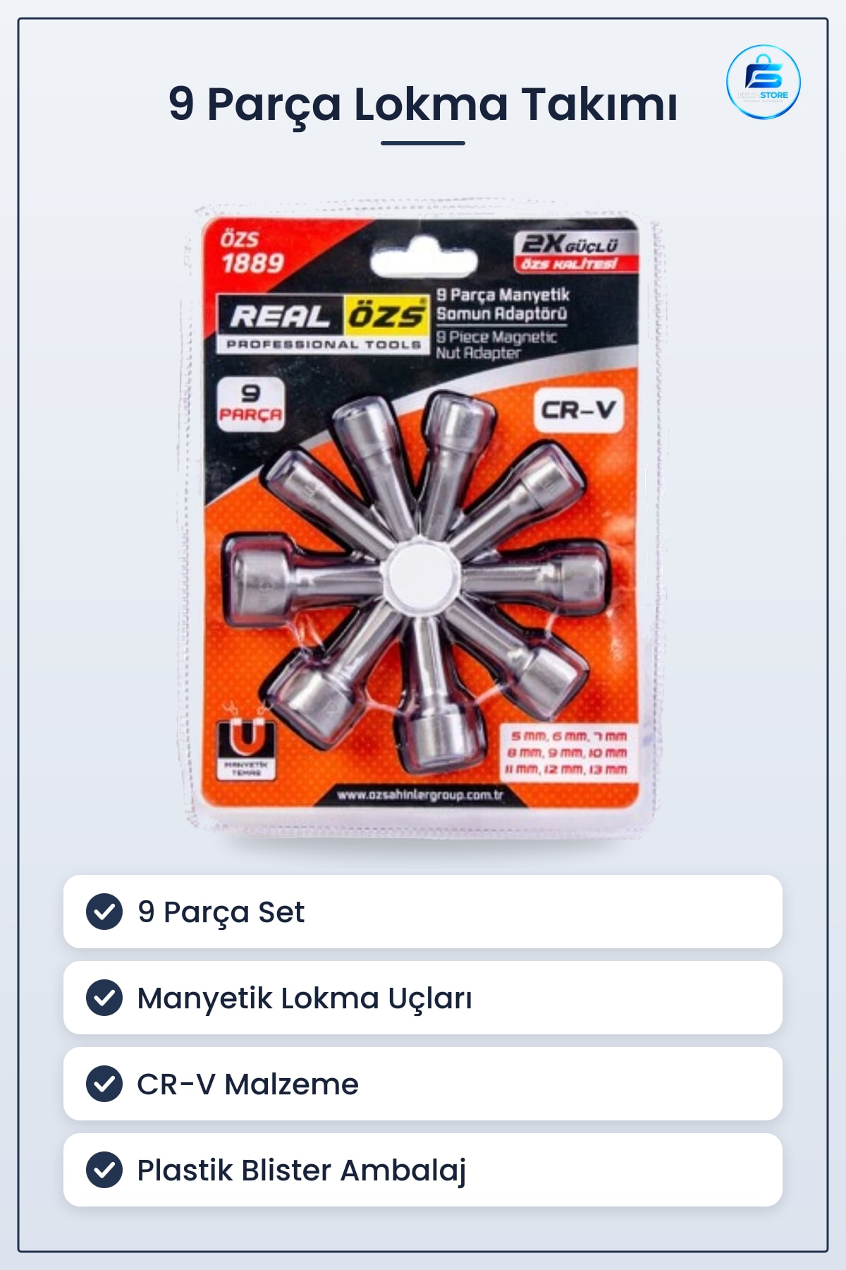 9 Parça Manyetik Somun Adaptör Lokma Takımı 5 mm 13 CR-V Araç Tamir Hırdavat Seti