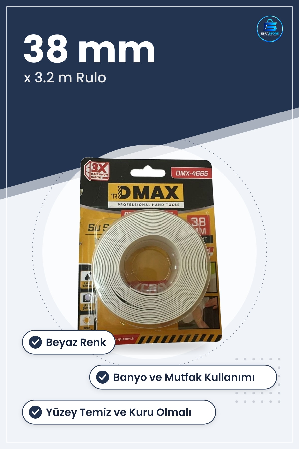 Su Sızdırmaz Bant 38 mm x 3.2 m Beyaz Yapışkanlı Banyo Mutfak Sızıntı Önleyici Yapıştırıcı