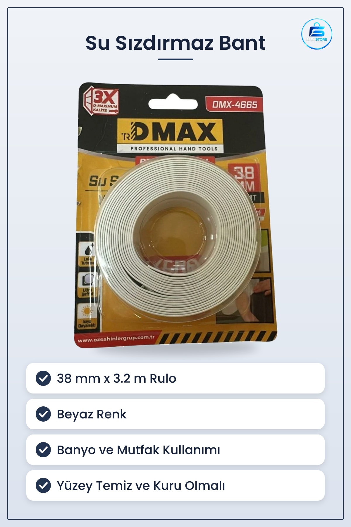 Su Sızdırmaz Bant 38 mm x 3.2 m Beyaz Yapışkanlı Banyo Mutfak Sızıntı Önleyici Yapıştırıcı