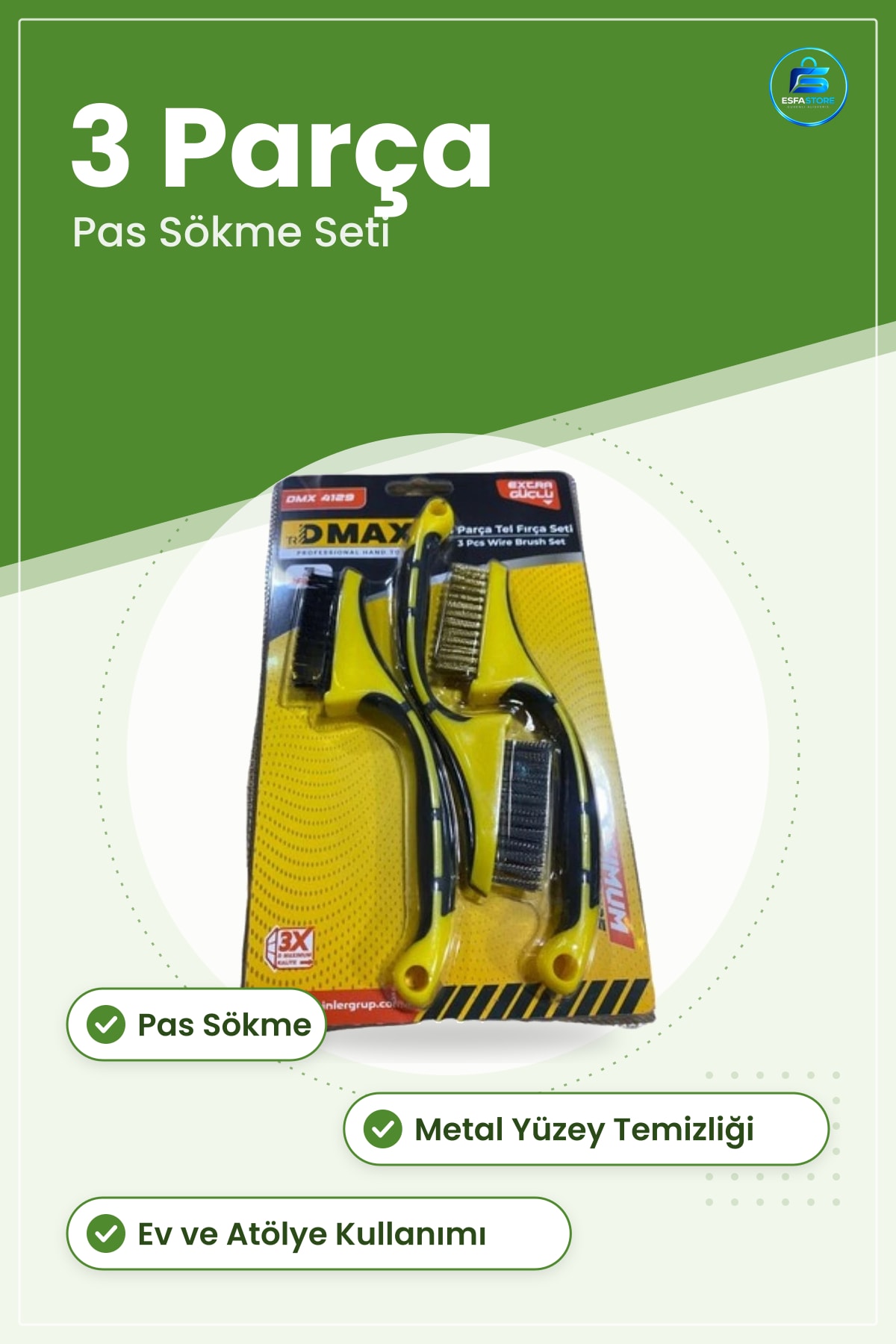 Tel Fırça Seti 3'lü 3 Parça Pas Sökme Metal Yüzey Temizleme Ev ve Atölye Kullanımı İçin