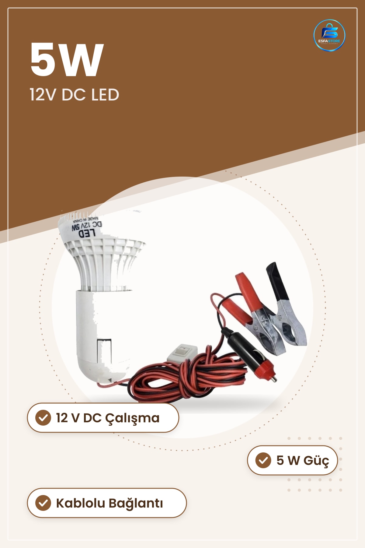 LED Ampul 12V DC 5W Kablolu Takviye Ev Araç Kamp Aydınlatma Çakmaklık Bağlantılı Metal