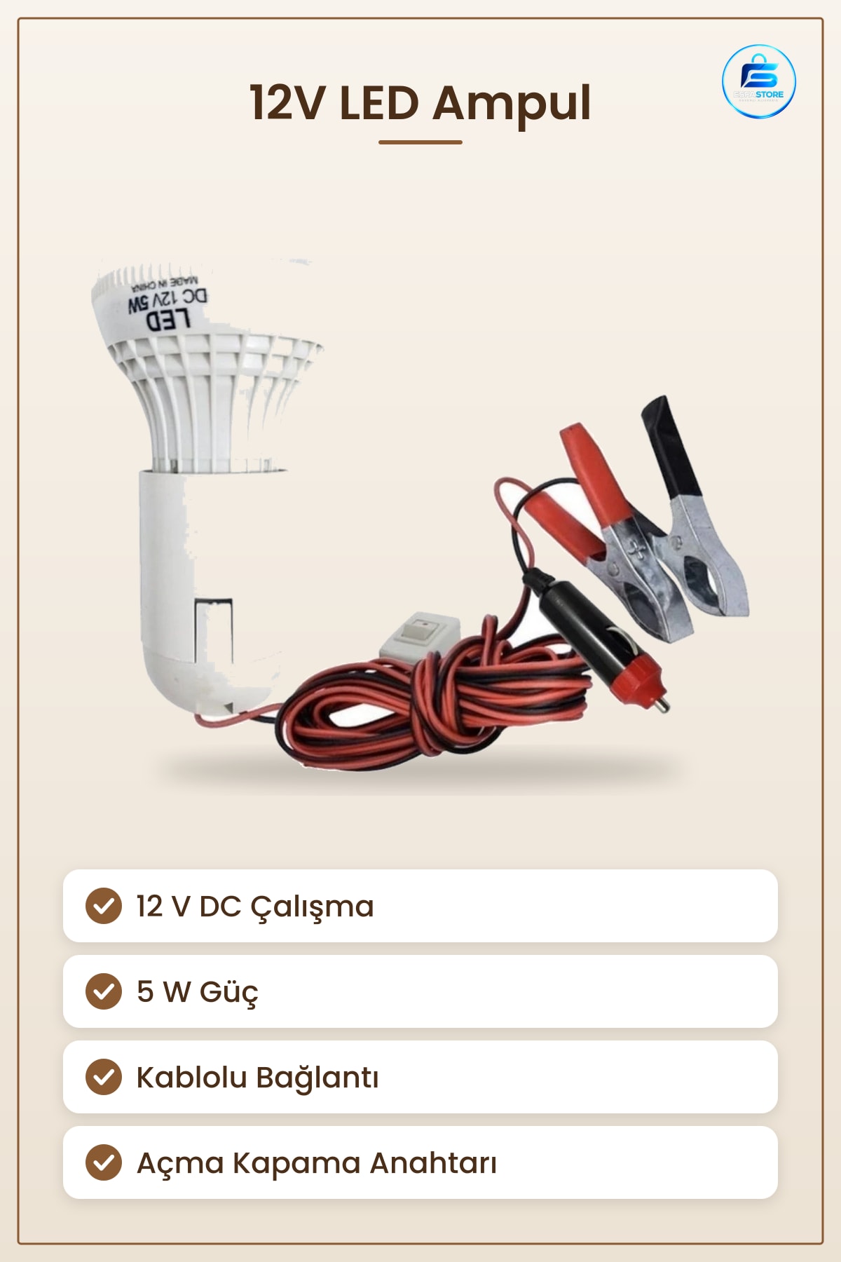 LED Ampul 12V DC 5W Kablolu Takviye Ev Araç Kamp Aydınlatma Çakmaklık Bağlantılı Metal