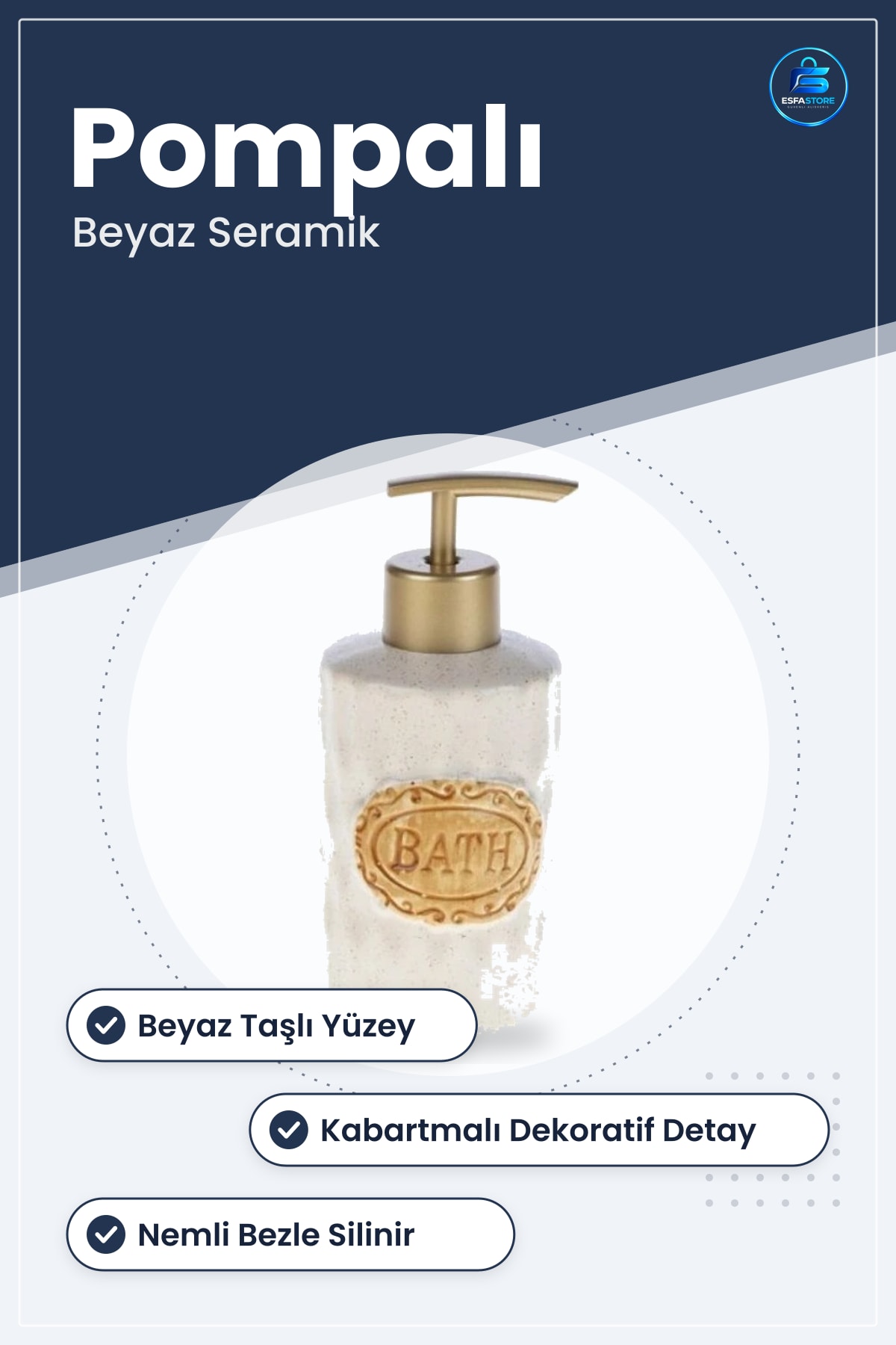 Seramik Sıvı Sabunluk Beyaz Taşlı Pompalı Dekoratif Banyo Lavabo Tezgah Aksesuarı