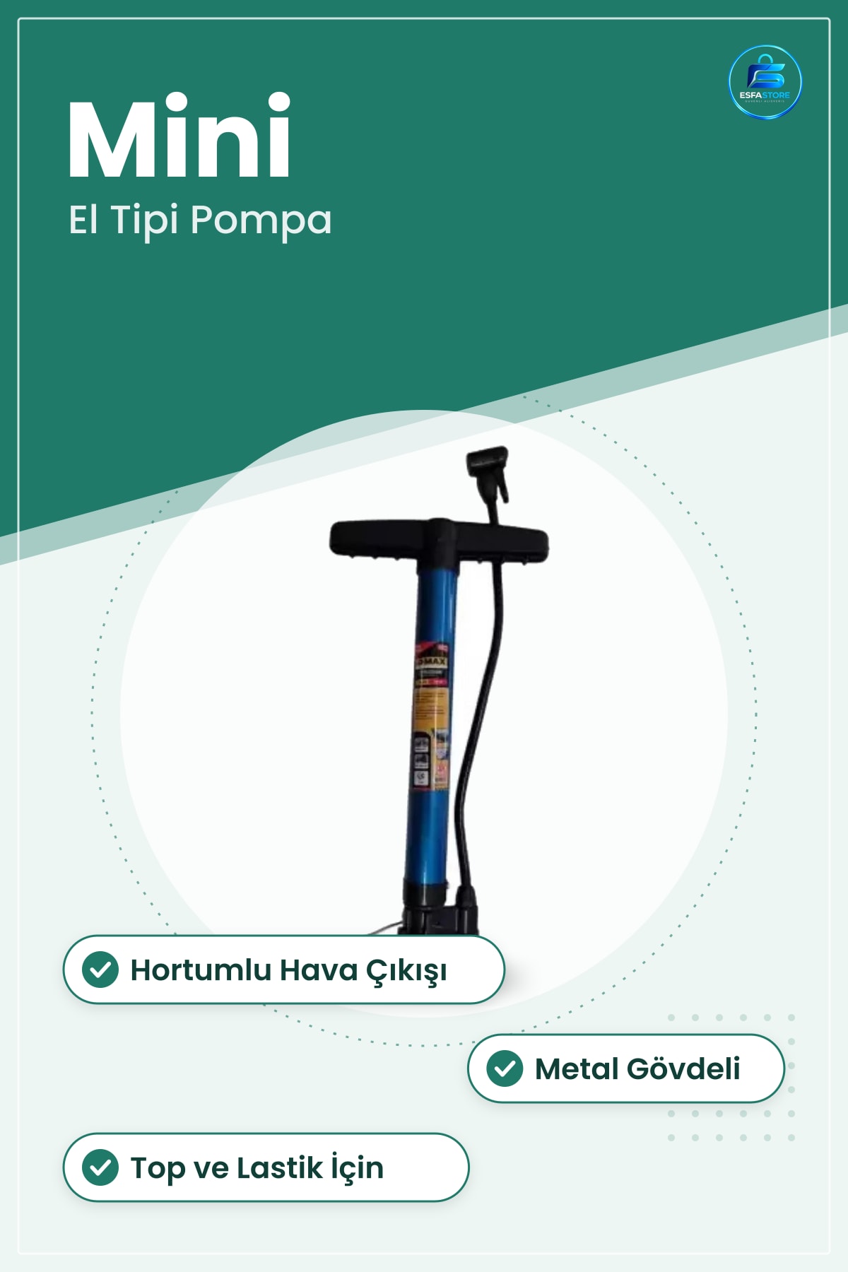 Şişirme Pompası Mini El Tipi Hava Basımı Hortumlu Top ve Lastik Şişirici Metal Gövdeli Su Sporu