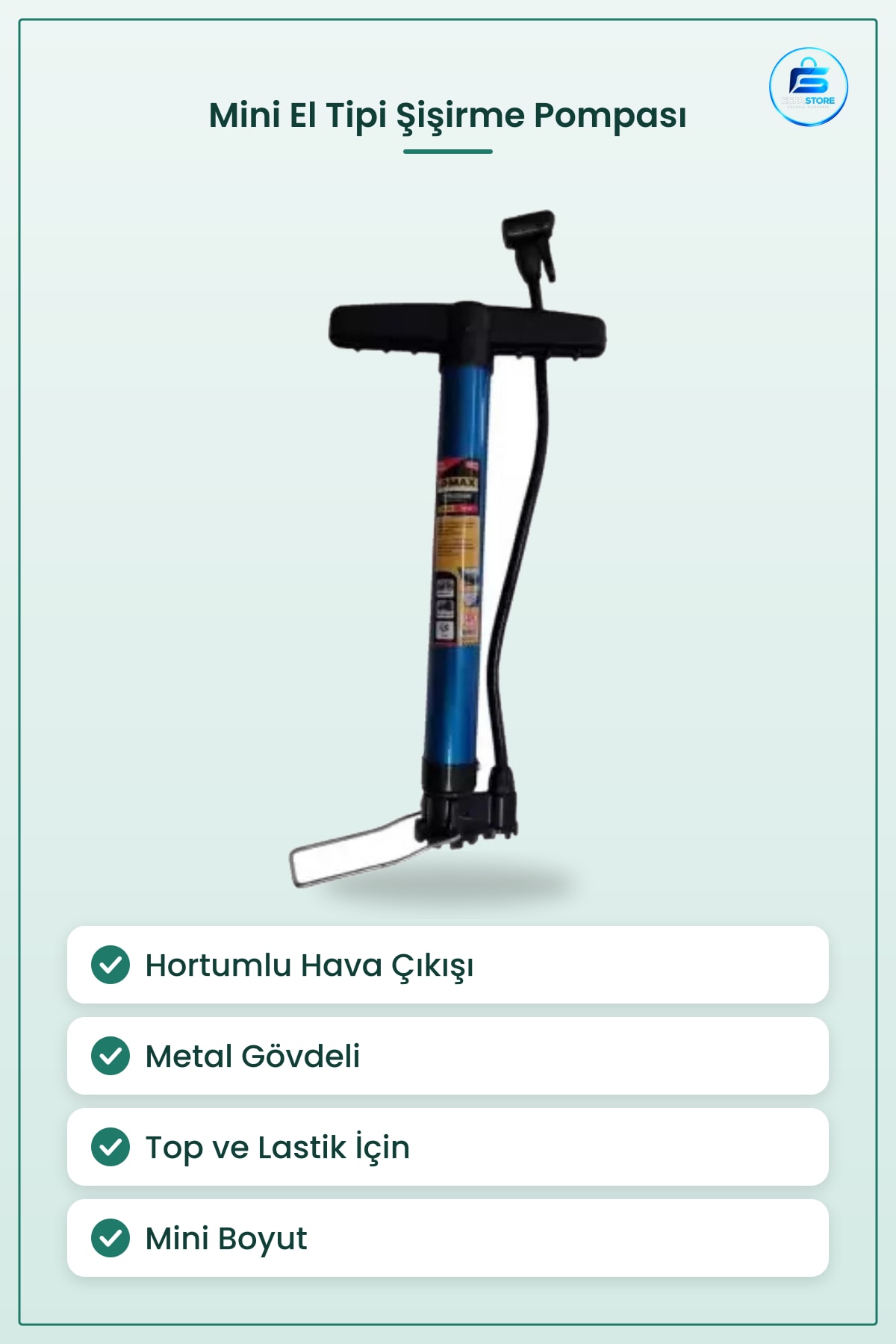 Şişirme Pompası Mini El Tipi Hava Basımı Hortumlu Top ve Lastik Şişirici Metal Gövdeli Su Sporu