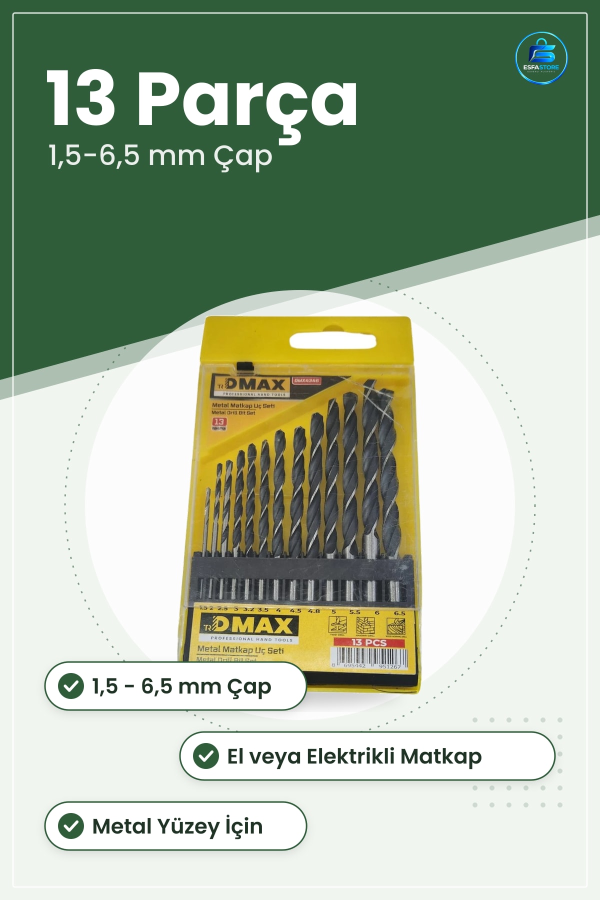 Metal Matkap Ucu Seti 13 Parça 1,5 ile 6,5 mm Delik Açma Aksesuarı Ev ve Atölye İçin