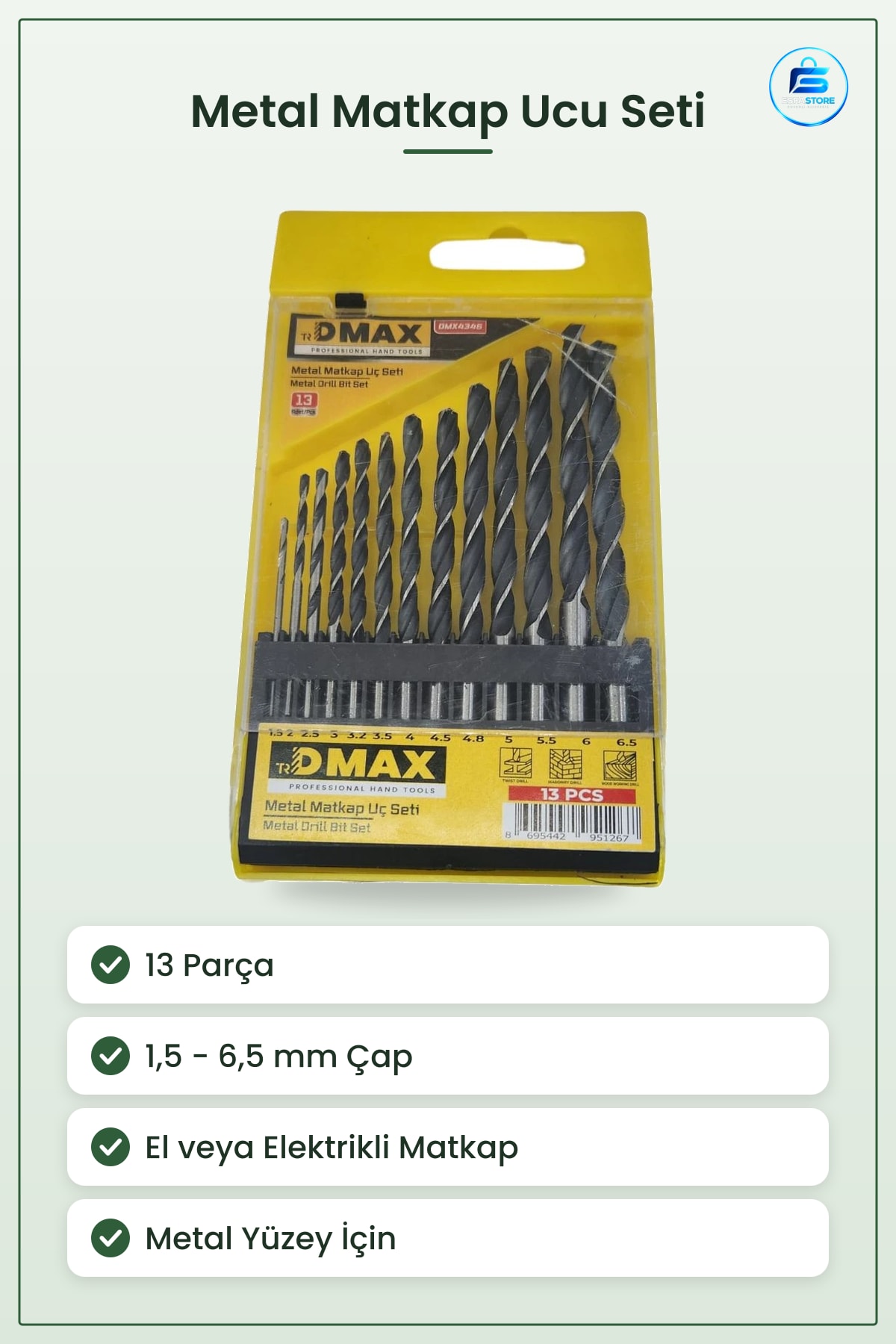 Metal Matkap Ucu Seti 13 Parça 1,5 ile 6,5 mm Delik Açma Aksesuarı Ev ve Atölye İçin