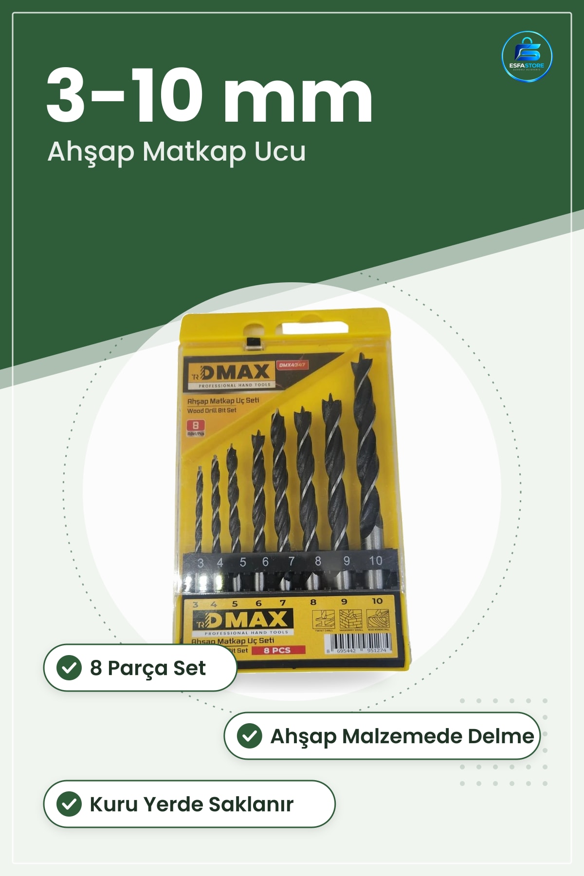 Ahşap Matkap Ucu Seti 8 Parça 3 ile 10 mm Arası Delme Uçları Elektrikli El Aleti Aksesuarı
