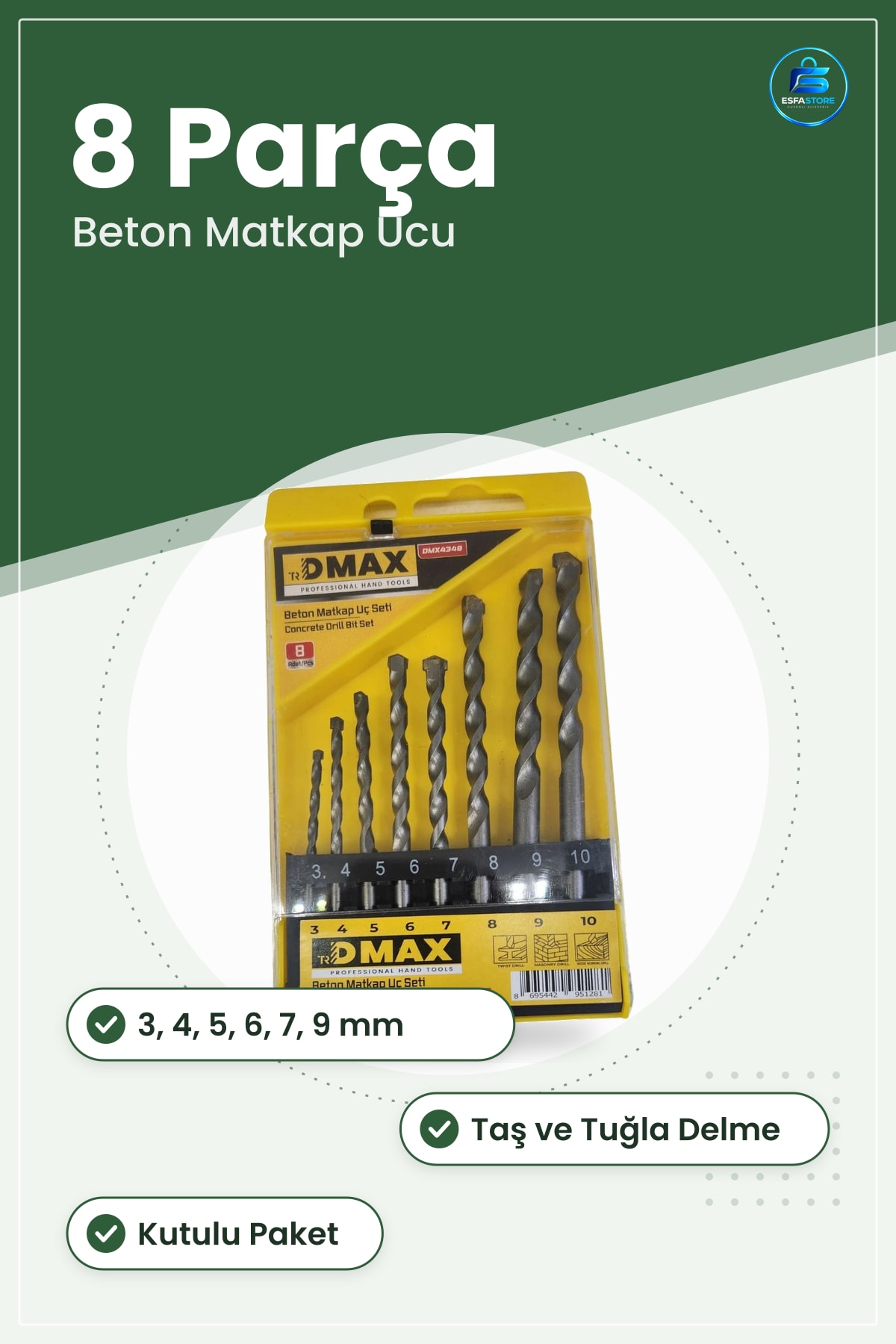 Beton Matkap Ucu Seti 8 Parça 3 4 5 6 7 9 Ölçü Taş Tuğla Duvar Delme Uçları Kutulu