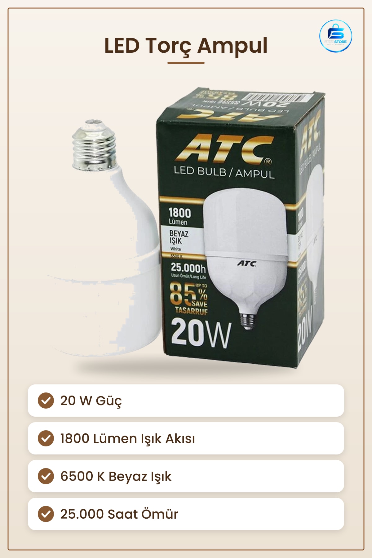 LED Torç Ampul 20 W Beyaz Işık Lümen Enerji Tasarruflu Ev Ofis Aydınlatma Ampulü