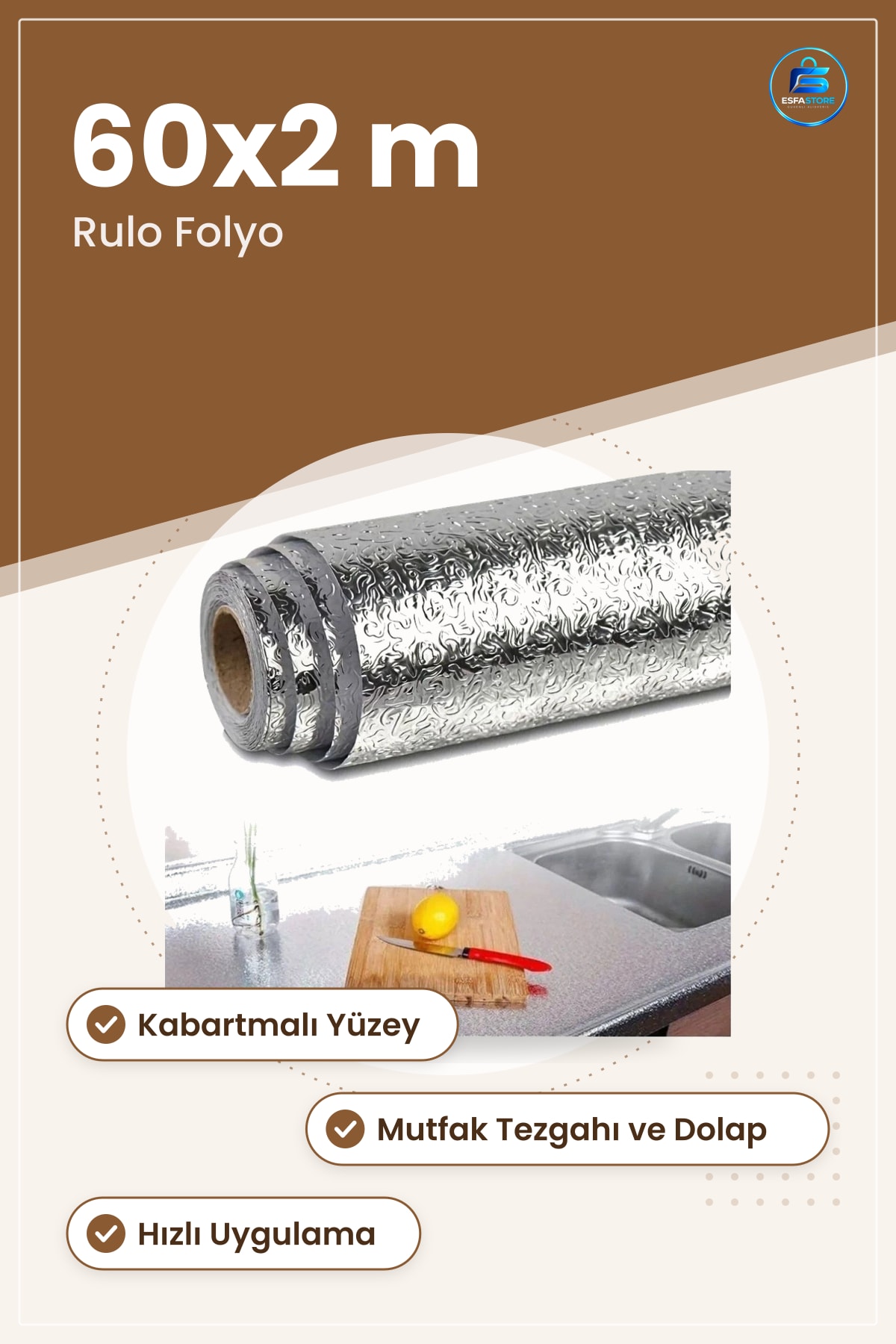 Yapışkanlı Gümüş Folyo 60x2 Metre Mutfak Tezgah Dolap Kaplama Rulo Ev Dekorasyon Yüzey Koruma