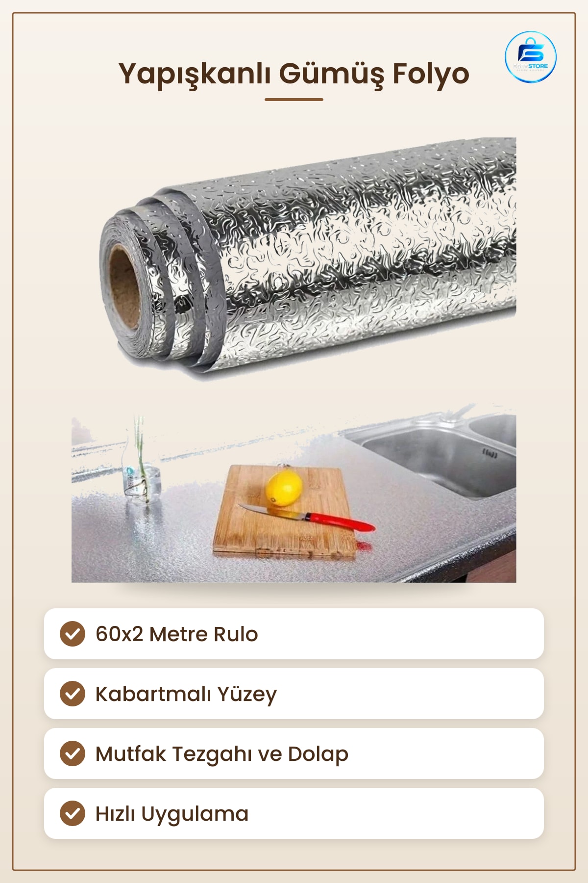 Yapışkanlı Gümüş Folyo 60x2 Metre Mutfak Tezgah Dolap Kaplama Rulo Ev Dekorasyon Yüzey Koruma