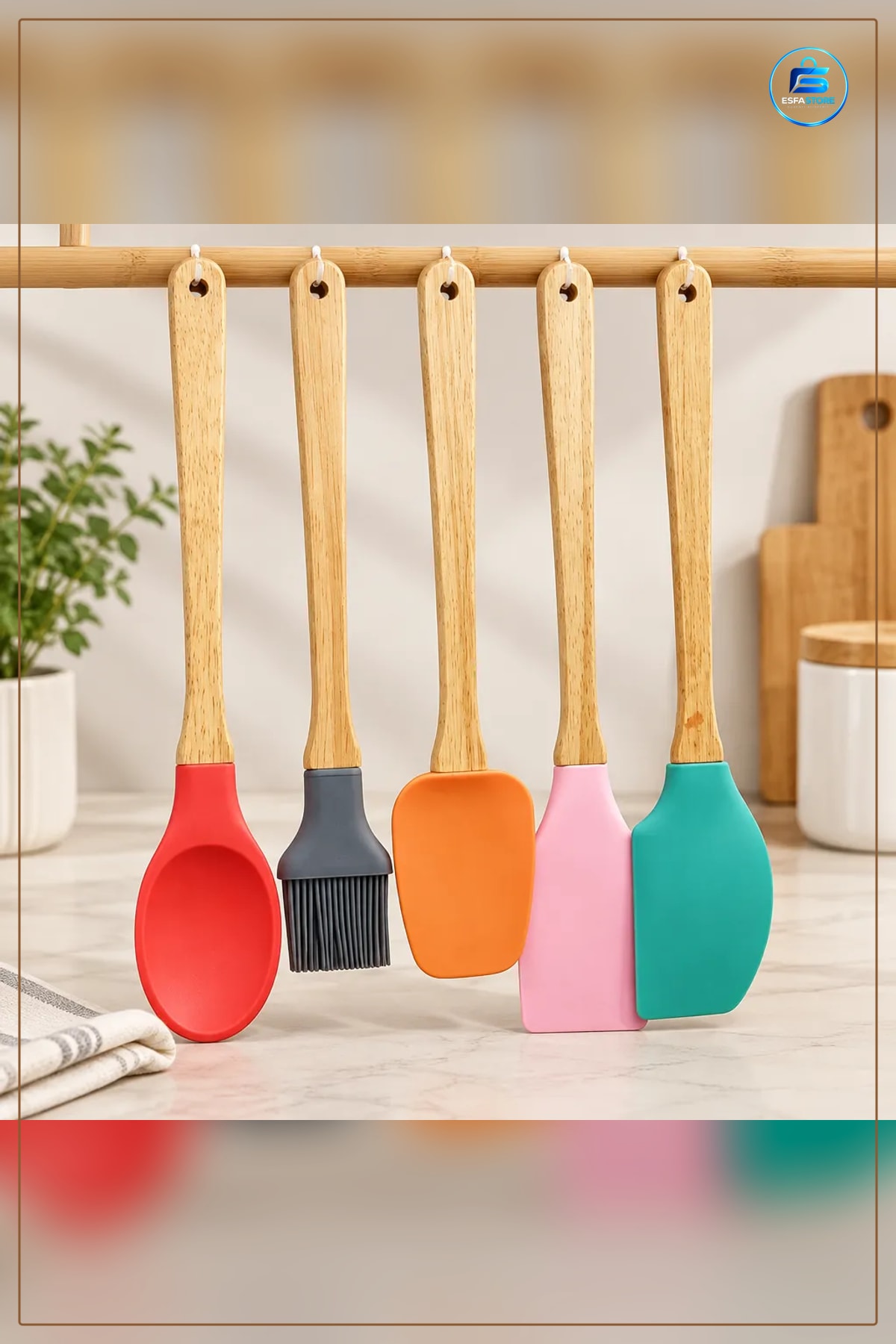 Spatula Seti 5 Parça Silikon Kaşık Bambu Saplı Fırça Mutfak Pişirme Yemek Hazırlık Aracı