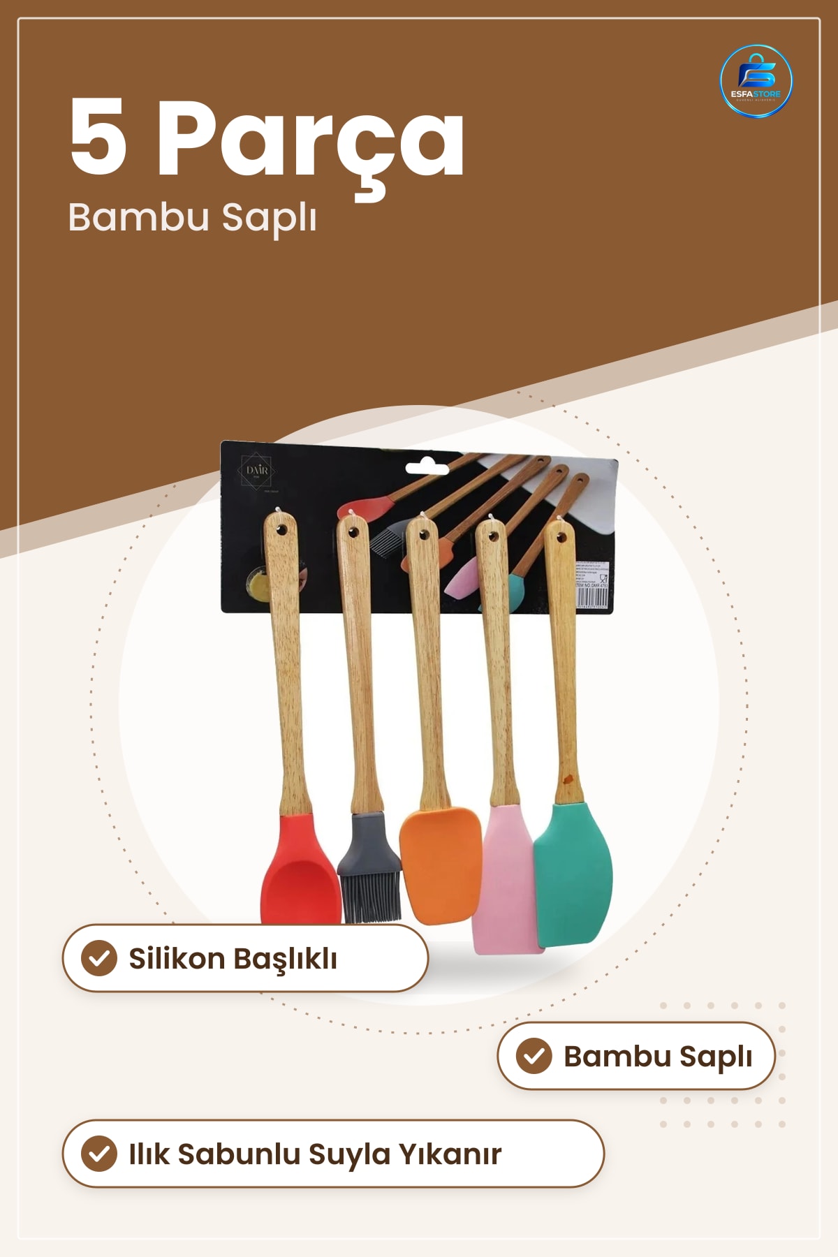 Spatula Seti 5 Parça Silikon Kaşık Bambu Saplı Fırça Mutfak Pişirme Yemek Hazırlık Aracı