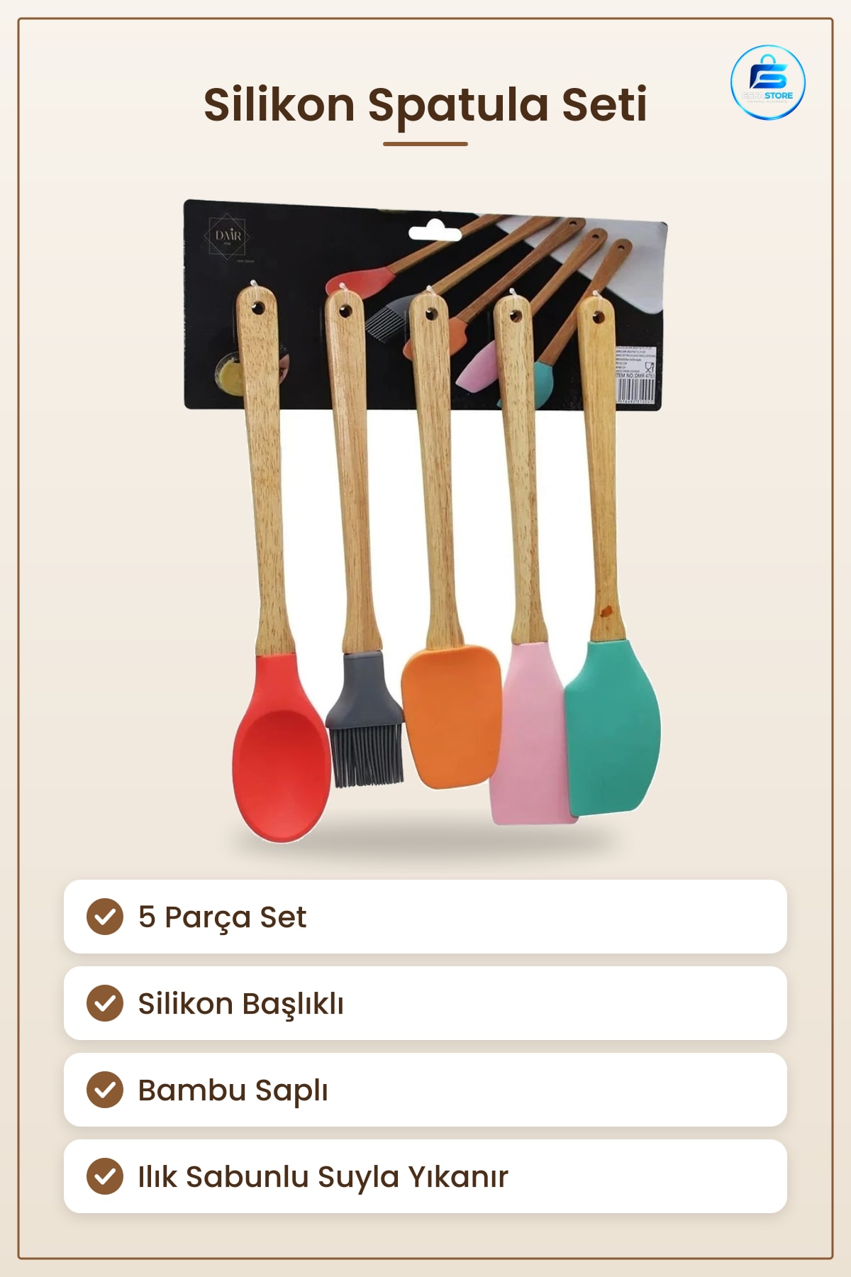 Spatula Seti 5 Parça Silikon Kaşık Bambu Saplı Fırça Mutfak Pişirme Yemek Hazırlık Aracı