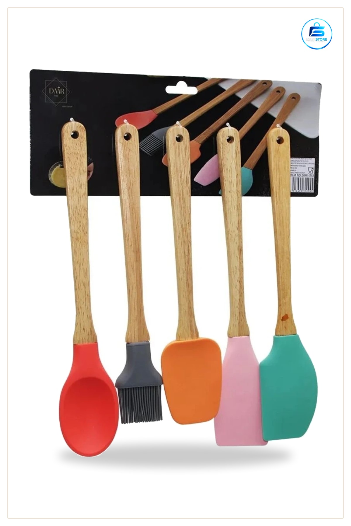 Spatula Seti 5 Parça Silikon Kaşık Bambu Saplı Fırça Mutfak Pişirme Yemek Hazırlık Aracı