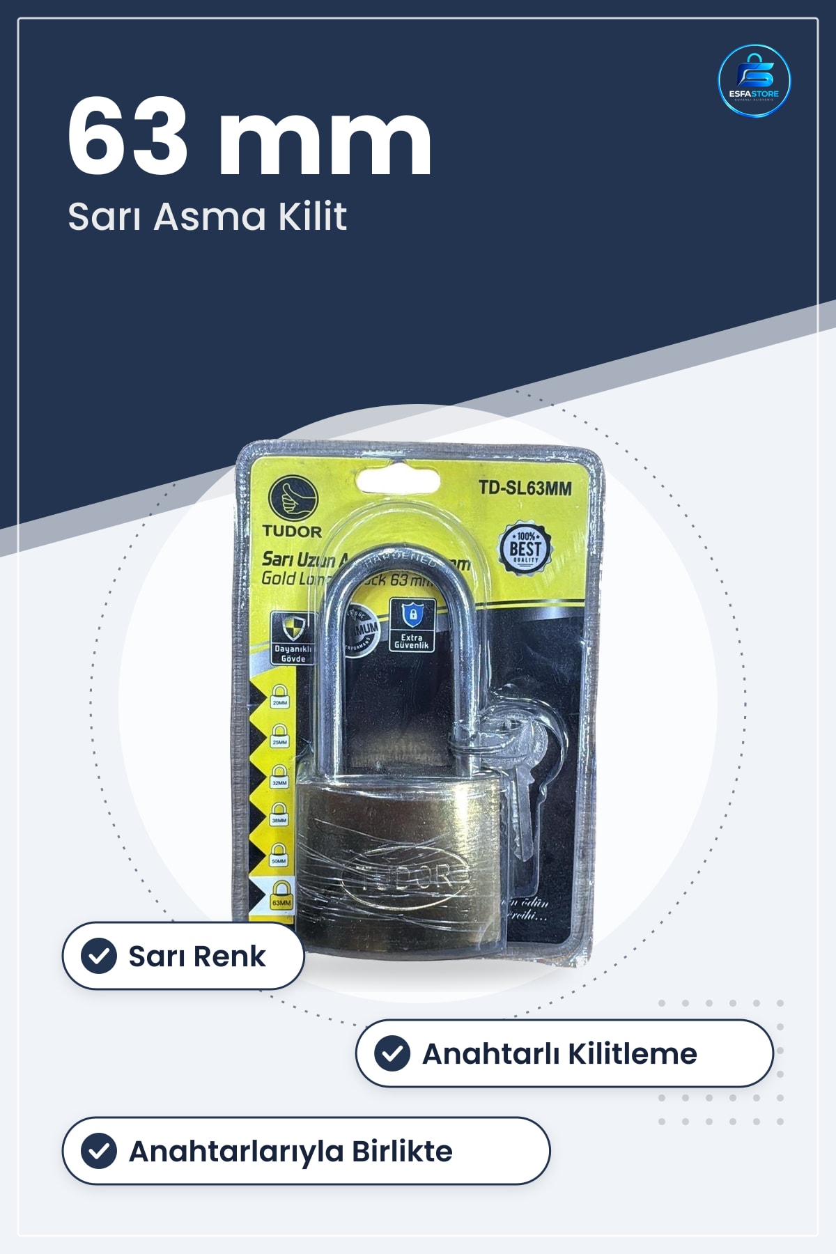 Uzun Asma Kilit Sarı 63 mm Blisterli Güvenlik Kilidi Anahtarlı Bahçe Dolap Kapı Kilitleme İçin