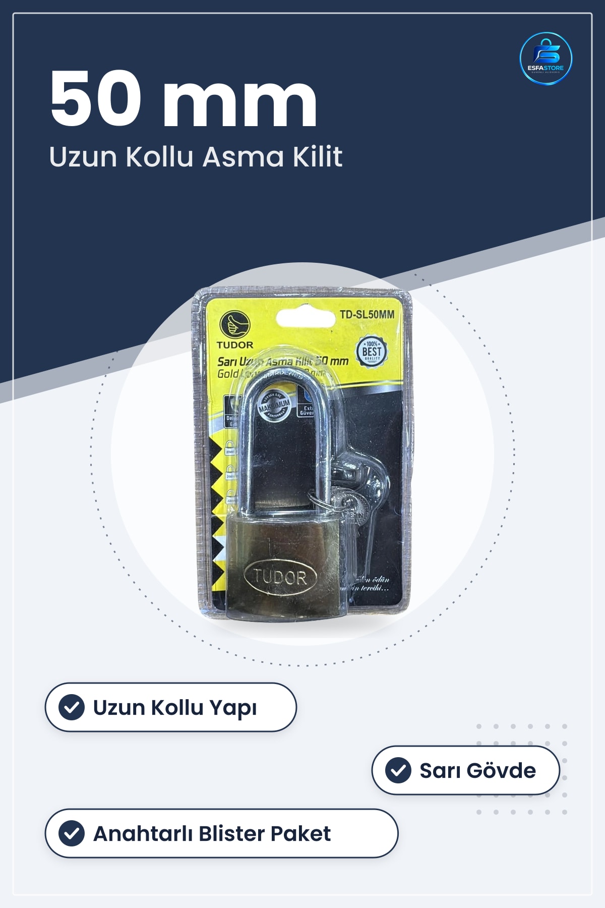 Asma Kilit 50 mm Uzun Sarı Blisterli Güvenlik Kilidi Ev Bahçe ve Depo Kullanımı İçin
