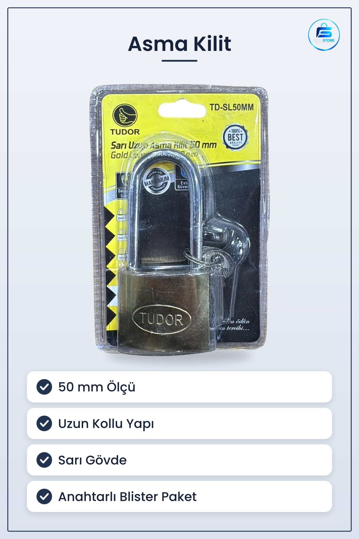 Asma Kilit 50 mm Uzun Sarı Blisterli Güvenlik Kilidi Ev Bahçe ve Depo Kullanımı İçin