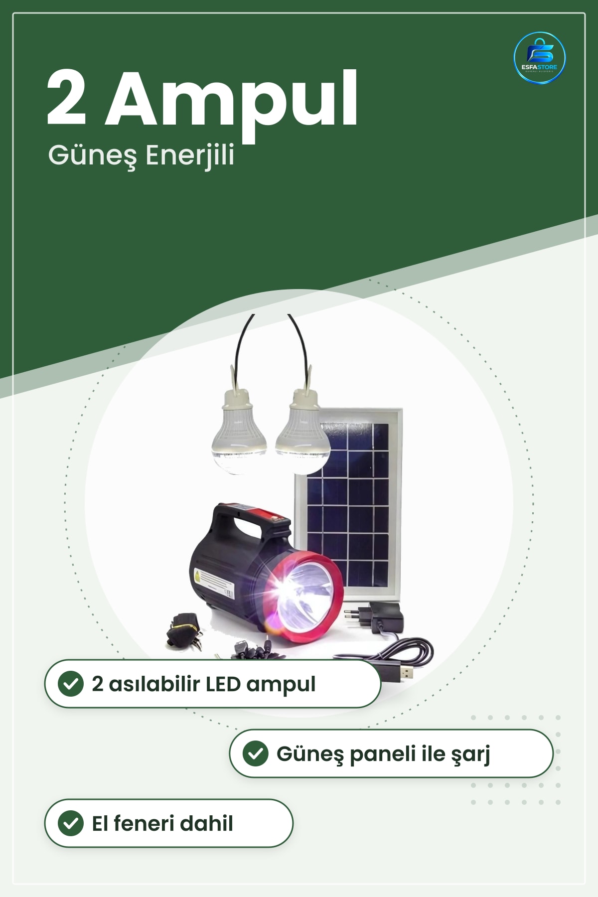 Güneş Enerji Sistemi Ev Işık Paneli 2 Ampullü El Feneri Şarjlı Taşınabilir Aydınlatma Seti