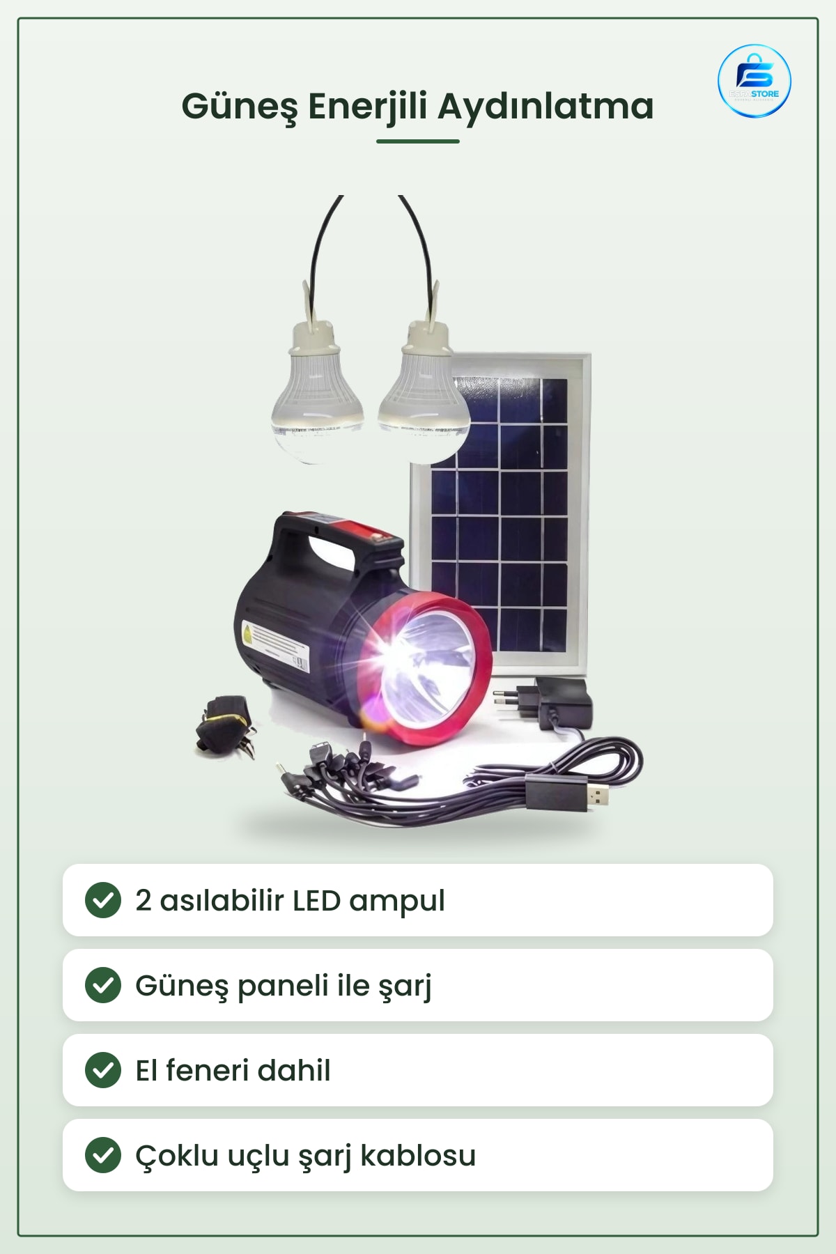 Güneş Enerji Sistemi Ev Işık Paneli 2 Ampullü El Feneri Şarjlı Taşınabilir Aydınlatma Seti