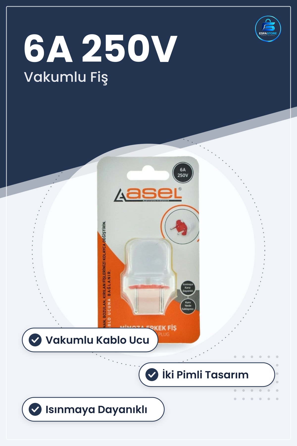 Vakumlu Erkek Fiş Mimoza 6A 250V Kablo Ucu Elektrik Bağlantısı Ev Tesisat Yenileme
