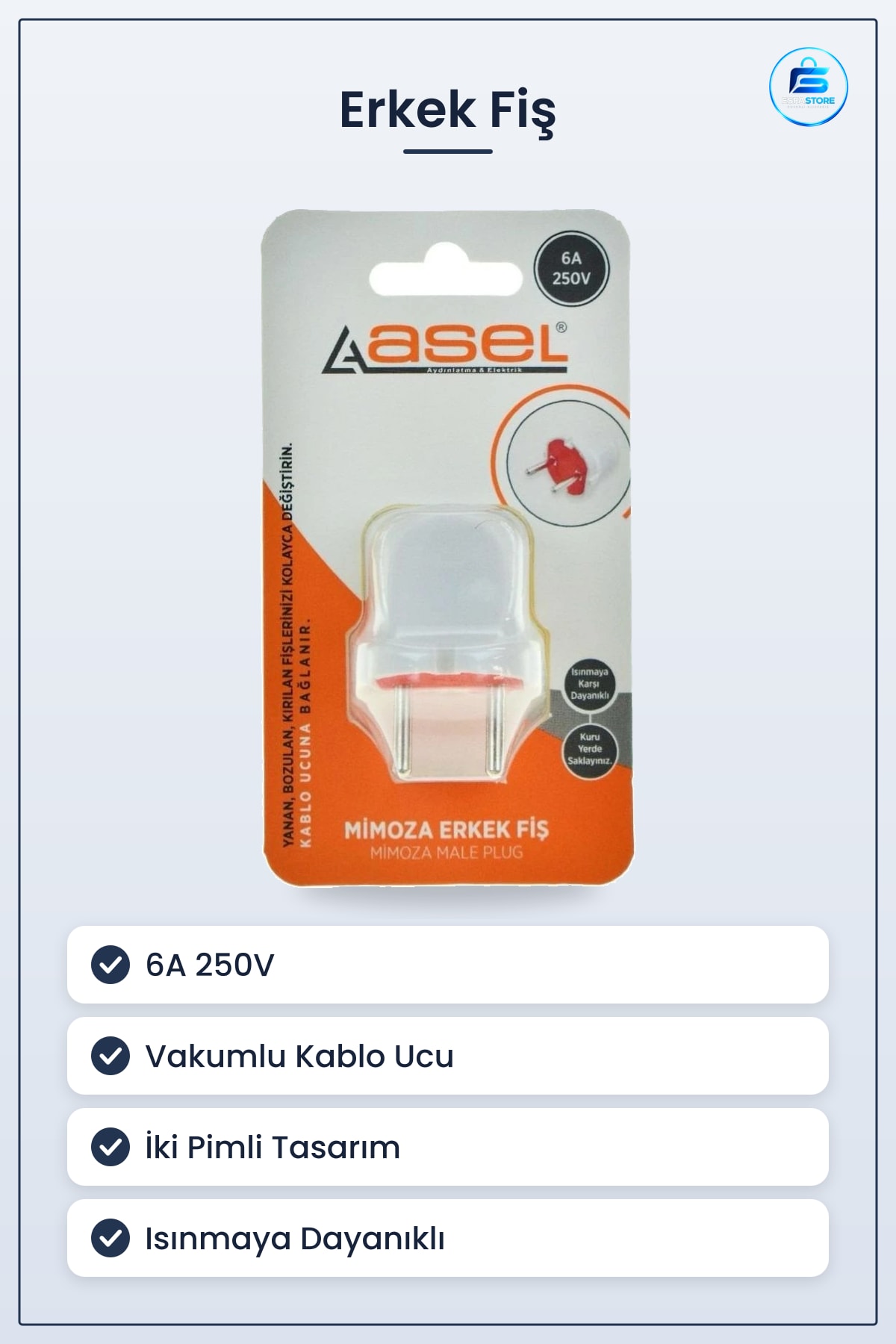 Vakumlu Erkek Fiş Mimoza 6A 250V Kablo Ucu Elektrik Bağlantısı Ev Tesisat Yenileme