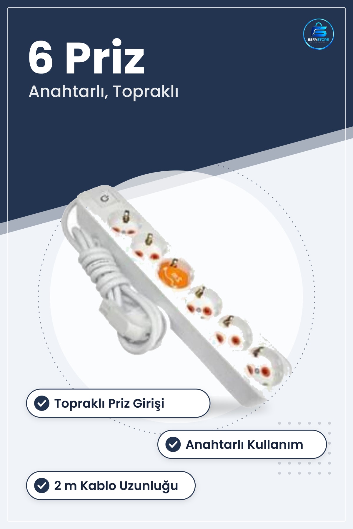 Grup Priz Uzatma Kablosu 6 Prizli Topraklı Anahtarlı 2 m Beyaz Ev Ofis Kullanımı