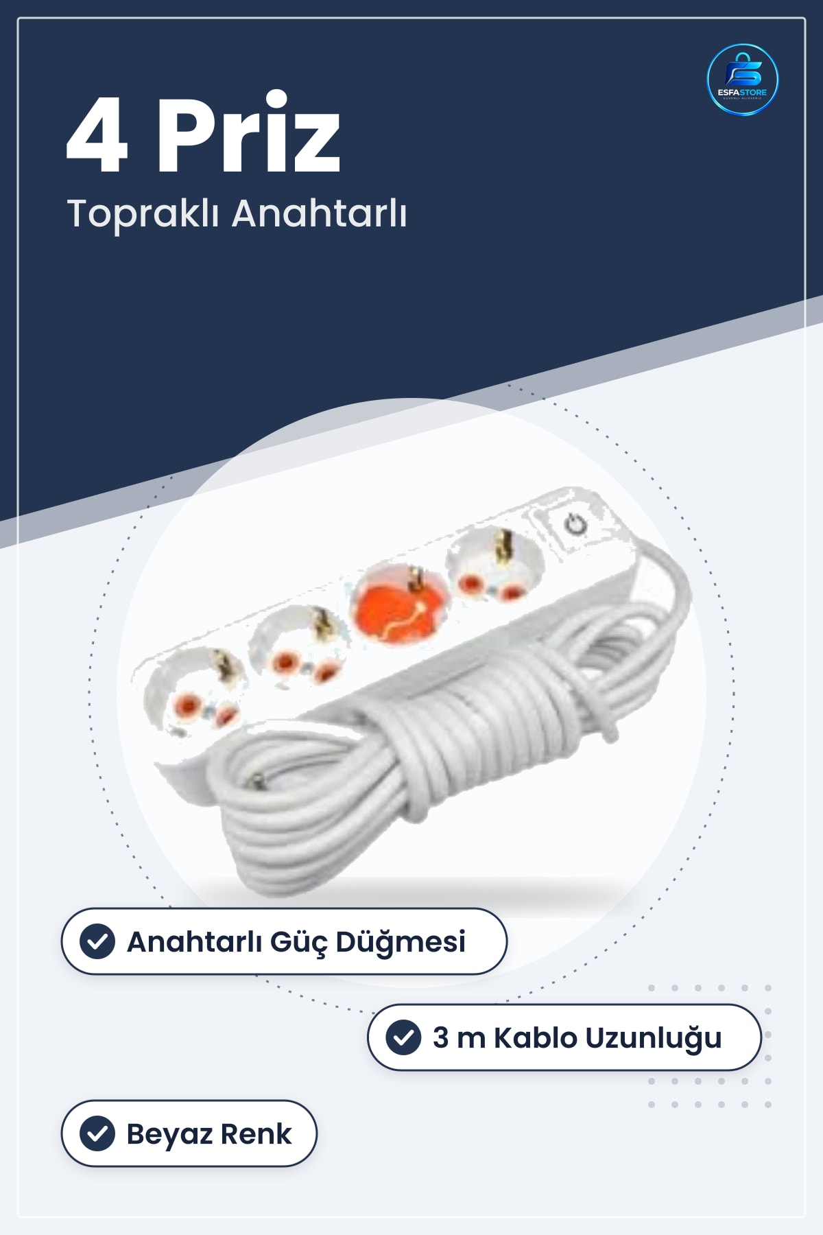 Grup Priz Uzatma Kablosu 4 Prizli Topraklı Anahtarlı 3 m Beyaz Ev ve Ofis İçin Elektrik Tesisat
