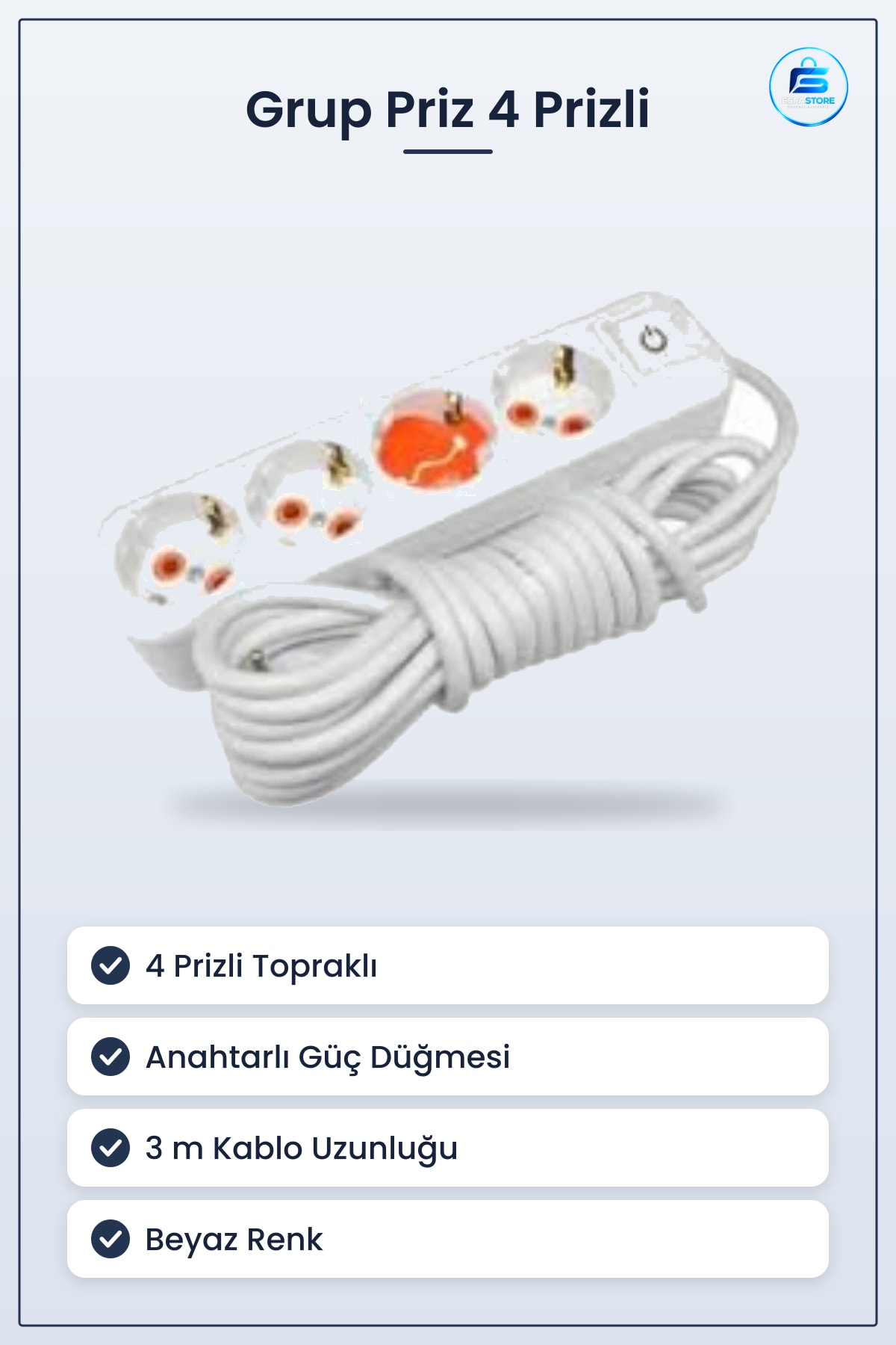 Grup Priz Uzatma Kablosu 4 Prizli Topraklı Anahtarlı 3 m Beyaz Ev ve Ofis İçin Elektrik Tesisat