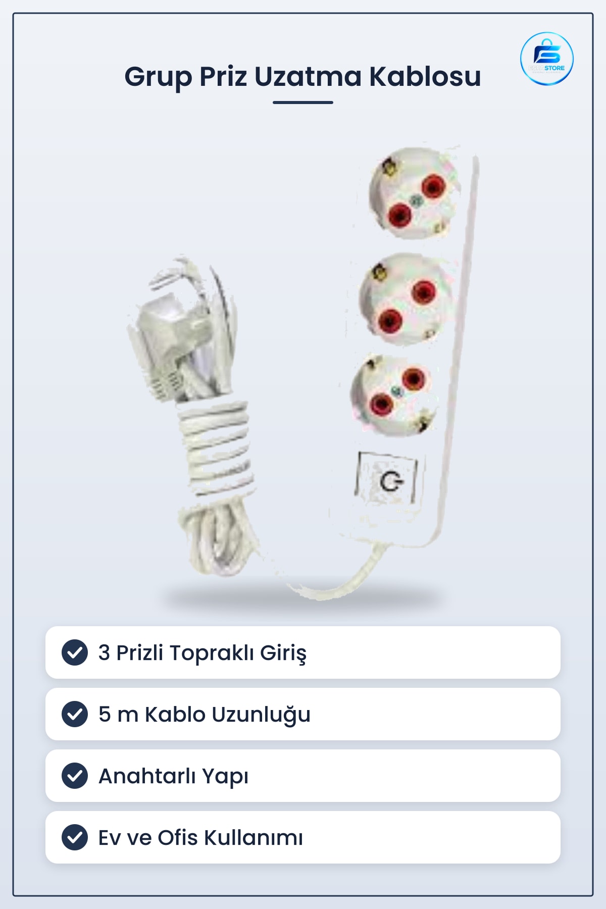 Grup Priz 3 Prizli Topraklı Anahtarlı Uzatma Kablosu 5 m Ev Ofis Kullanımı İçin Elektrik Malzemesi