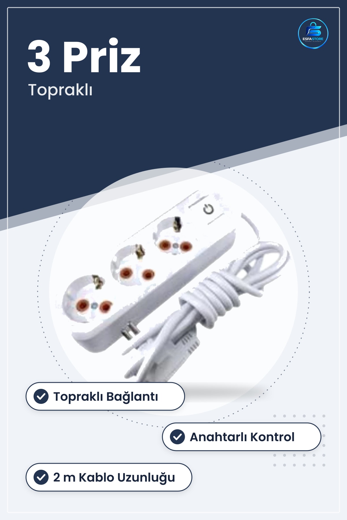 Grup Priz Uzatma Kablosu 3 Prizli Topraklı Anahtarlı 2 m Beyaz Ev Ofis Kullanımı İçin Elektrik