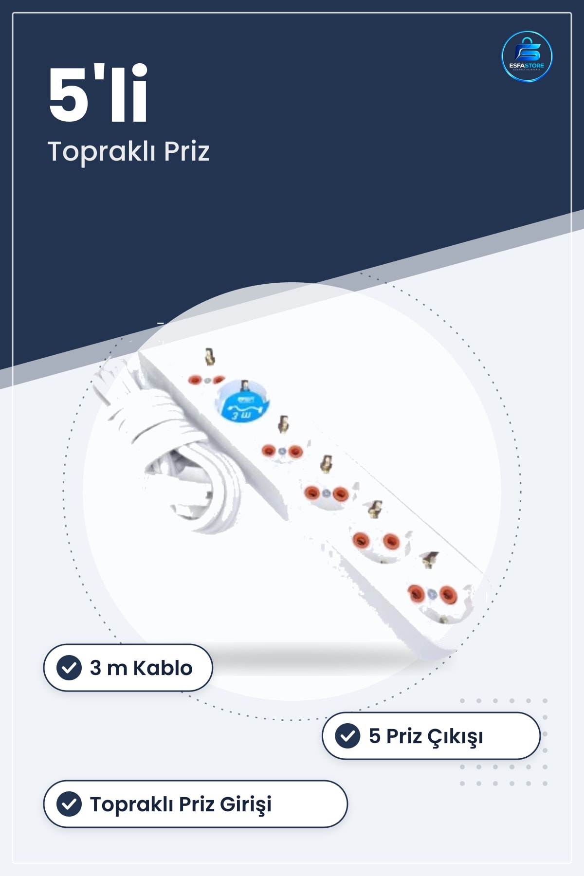 Grup Priz Uzatma Kablosu 3 m Topraklı 5li Çoklu Ev Ofis Mutfak Beyaz Pratik Güvenli Bağlantı