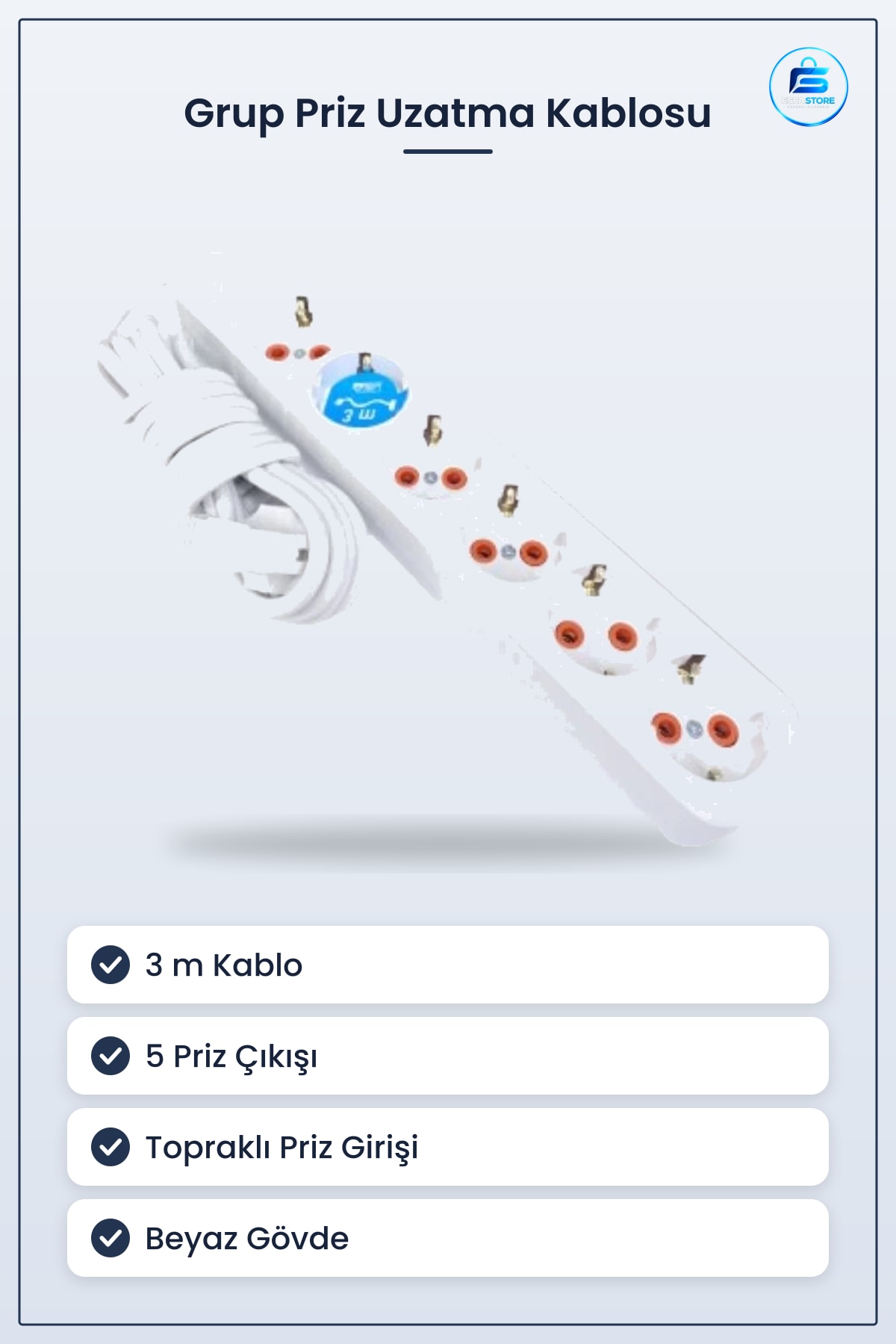 Grup Priz Uzatma Kablosu 3 m Topraklı 5li Çoklu Ev Ofis Mutfak Beyaz Pratik Güvenli Bağlantı