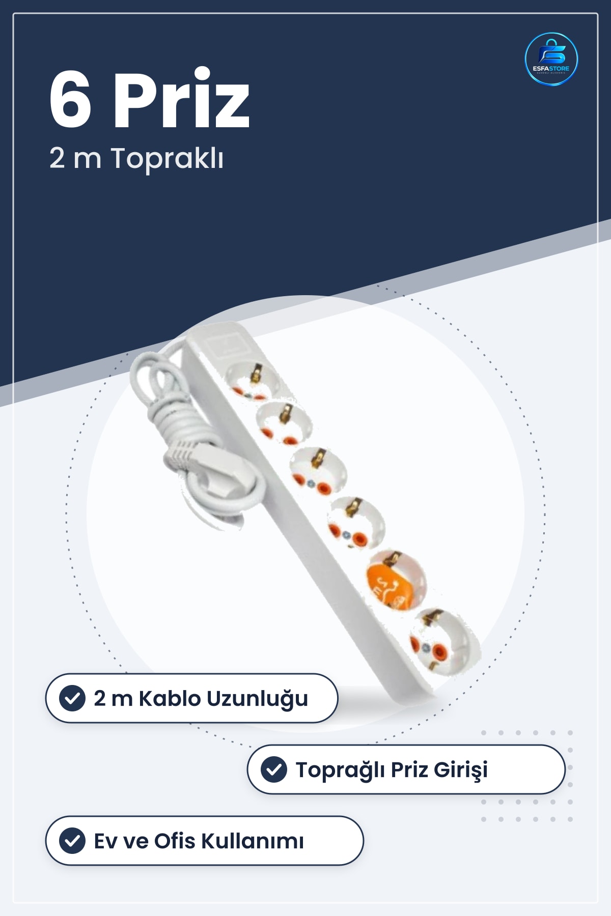 6 Prizli Topraklı Grup Uzatma Kablosu 2 m Çoklu Cihaz Bağlantılı Ev ve Ofis Kullanımı