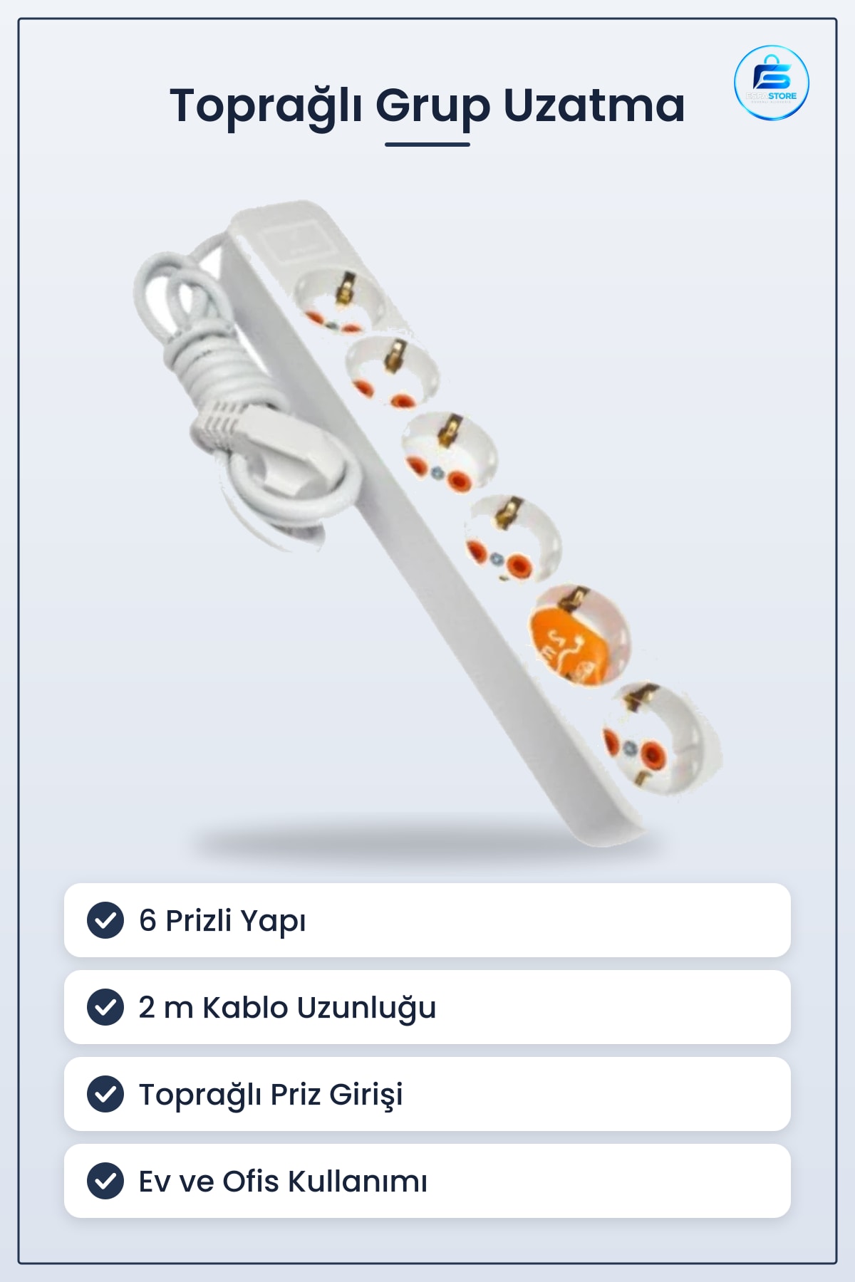 6 Prizli Topraklı Grup Uzatma Kablosu 2 m Çoklu Cihaz Bağlantılı Ev ve Ofis Kullanımı