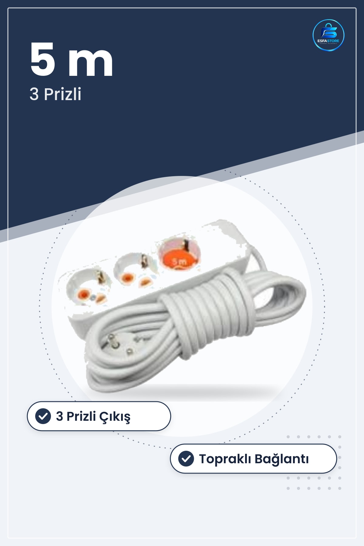 Grup Uzatma Kablosu 3 Prizli Toprağlı 5 m Ev Ofis Elektrik Tesisat Malzemesi Çoklu Kullanım