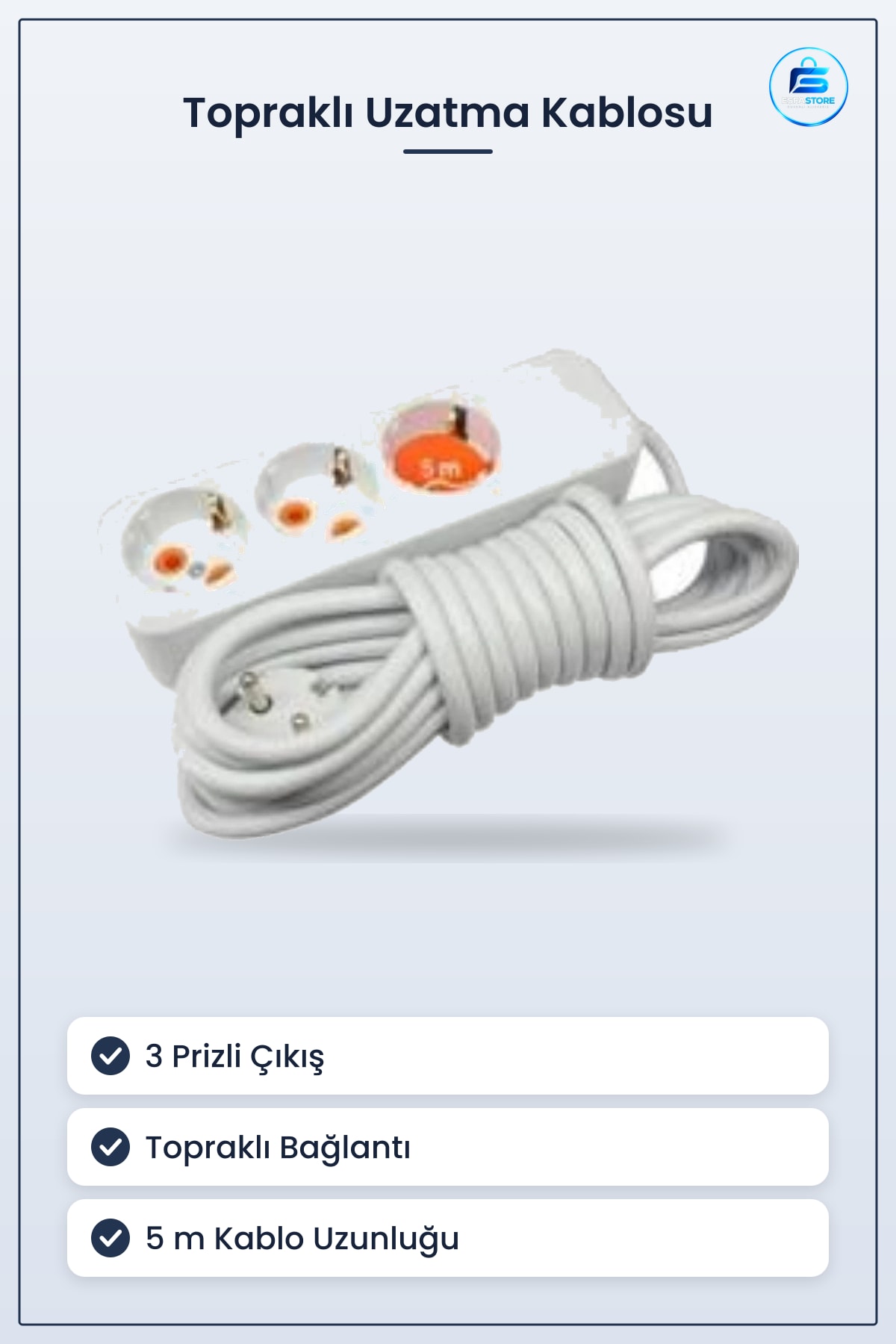 Grup Uzatma Kablosu 3 Prizli Toprağlı 5 m Ev Ofis Elektrik Tesisat Malzemesi Çoklu Kullanım