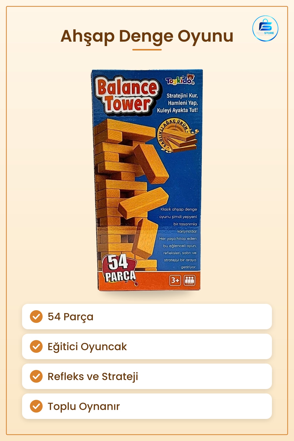 Ahşap Denge Oyunu 54 Parça Eğitici Oyuncak Kule Blok Refleks ve Strateji Geliştirici