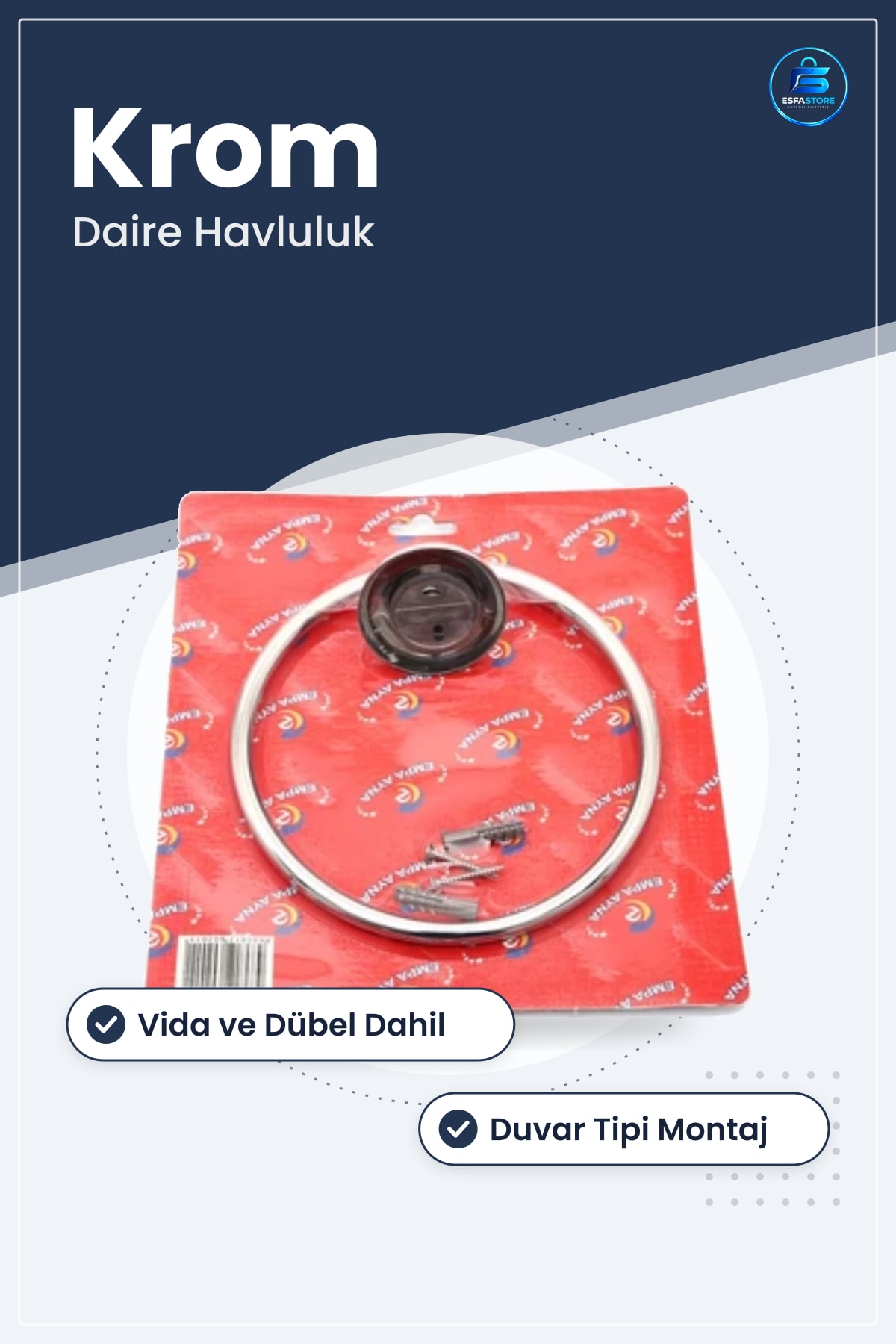 Krom Daire Havluluk Askısı Duvar Tipi Vidalı Dübelli Montaj Banyo Düzenleyici Aksesuar