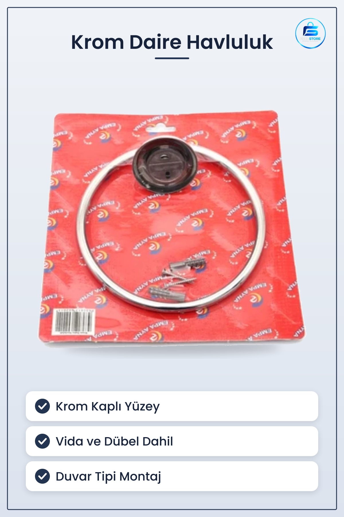 Krom Daire Havluluk Askısı Duvar Tipi Vidalı Dübelli Montaj Banyo Düzenleyici Aksesuar