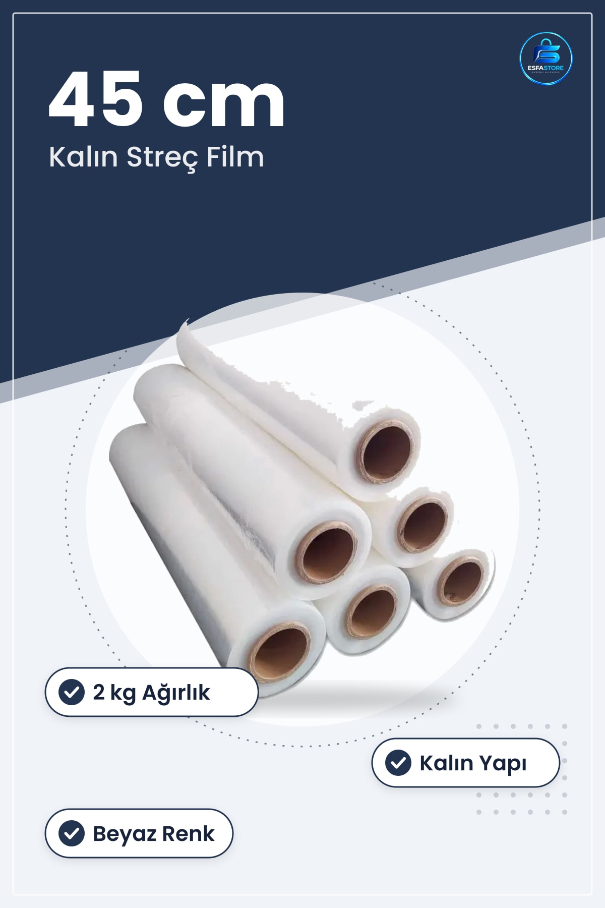 Kalın Palet Streçi 45 cm 2 kg Beyaz Kutu ve Ambalaj Malzemesi Sarma Stretch Film Depo Nakliye
