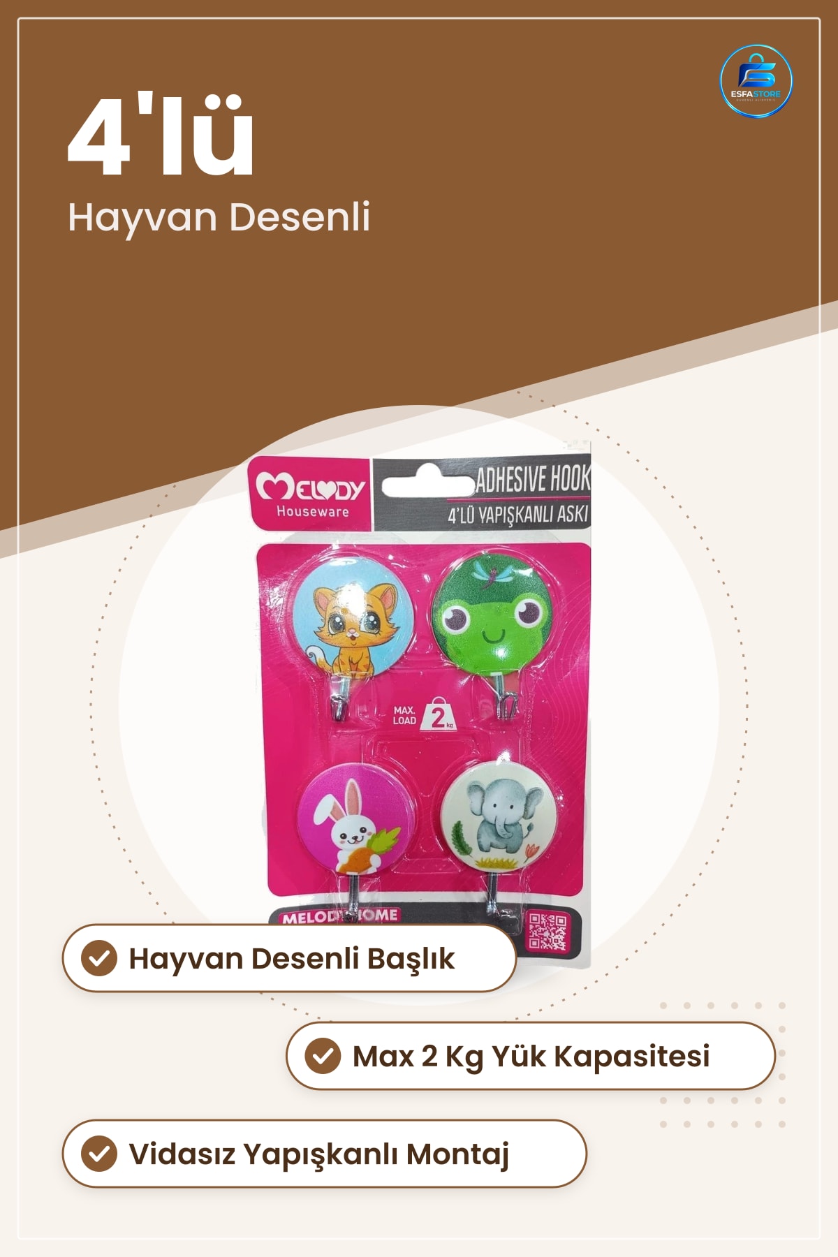Vapışkanlı Askı 4lü Sevimli Hayvan Desenli Duvar Tutucu Max 2 Kg Yük Kapasiteli Kanca